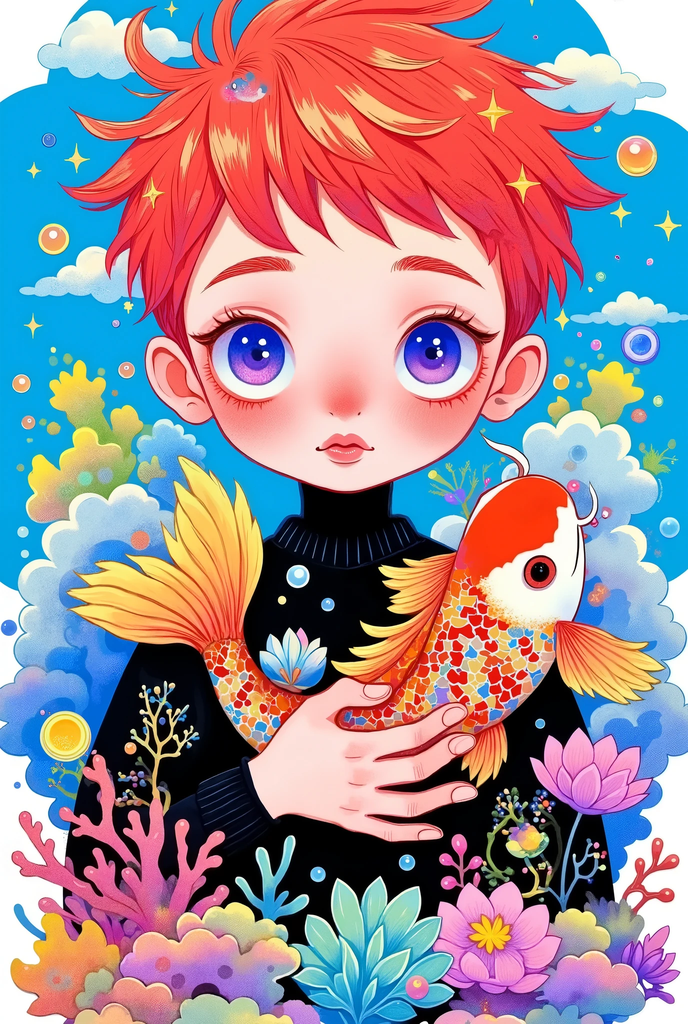 cute boy portrait, big round eyes 。red short hair,Spiky hair。 black clothes。Holding a koi,fish🐟,Colored coral。Flowers。 Simple and clean background 。blue clouds 。Color bubbles