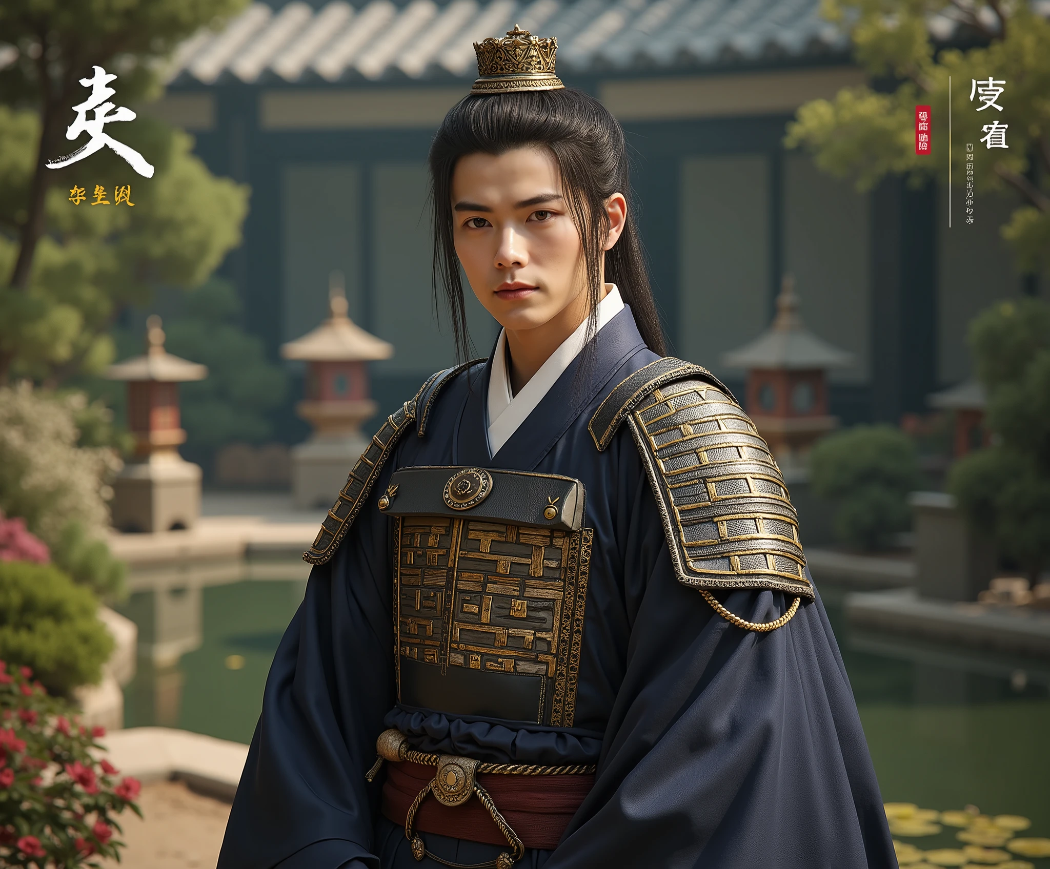 masterpiece), ( Photo Rear Stick),(High Definition 18K ), Japanese military generals in the Heian period, Yoshiko Kiso, 20 years old, handsome, Samurai house garden , One person, front,