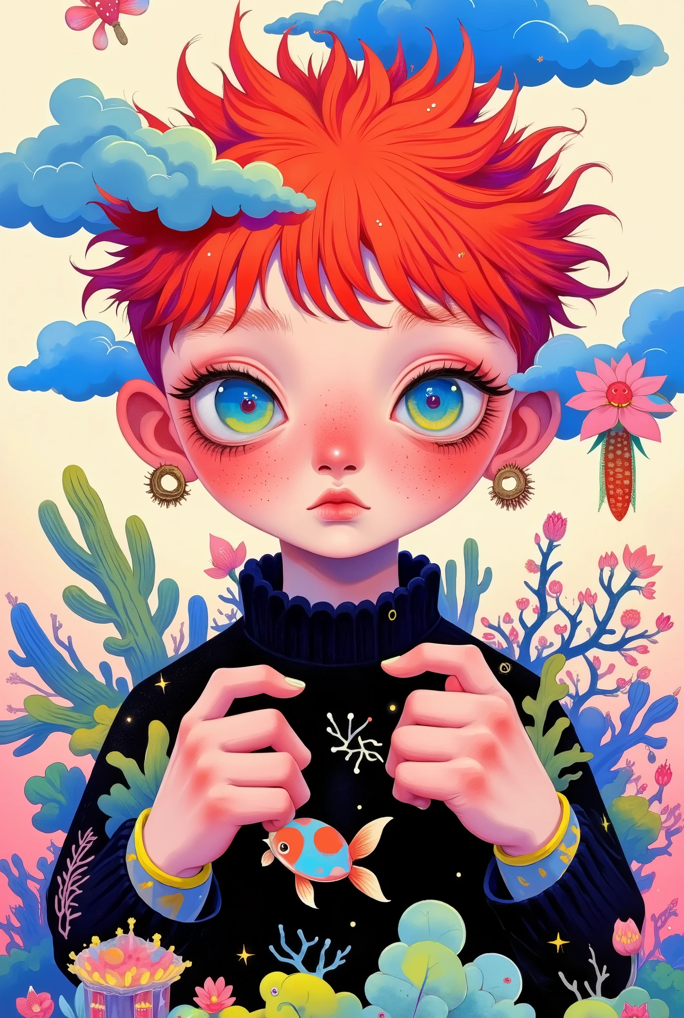 Portrait of a Boy , big round eyes 。red short hair,Spiky hair。 black clothes。Holding a koi,Colored coral。Flowers。 Simple and clean background 。blue clouds 。
