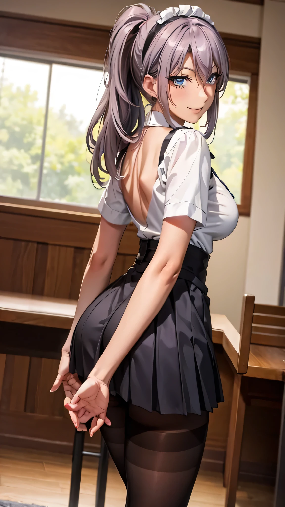 drooping eyes, eyes realistic sizing, pleated skirt, (((round face, blush))), ribbon, thin transparent panties, (((holding her butt herself))), (stylish glasses, braid), (dim old storeroom), leaning forward,