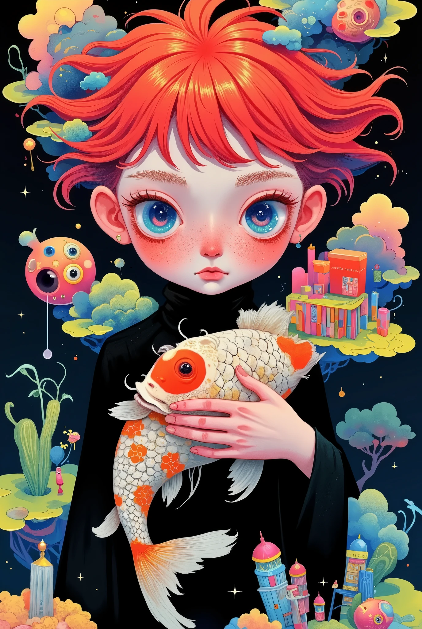  Portrait of a Boy ， big round eyes 。red short hair。 black clothes。Holding a koi