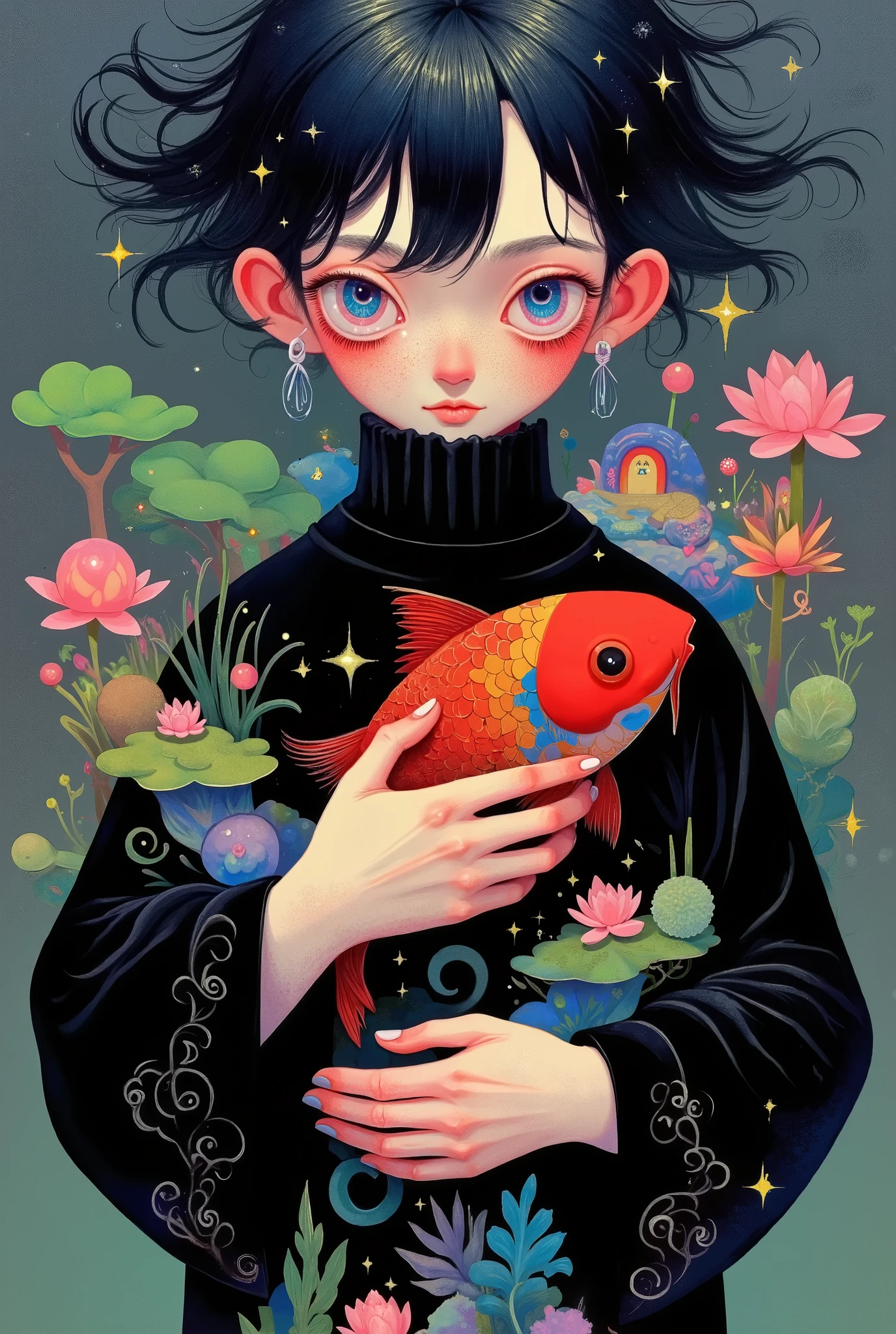  Portrait of a Boy ，Short hair。 black clothes。Holding a koi