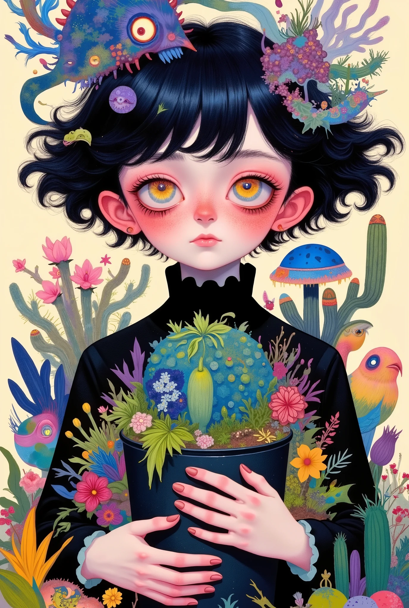 1 boy, big orange round eyes,Circle,food,Kaneko, of clothes ,Kanekoen hair,Short hair, and watch the audience gently,Replenish, simple background, upper body,, Handsome,Hold a flower pot