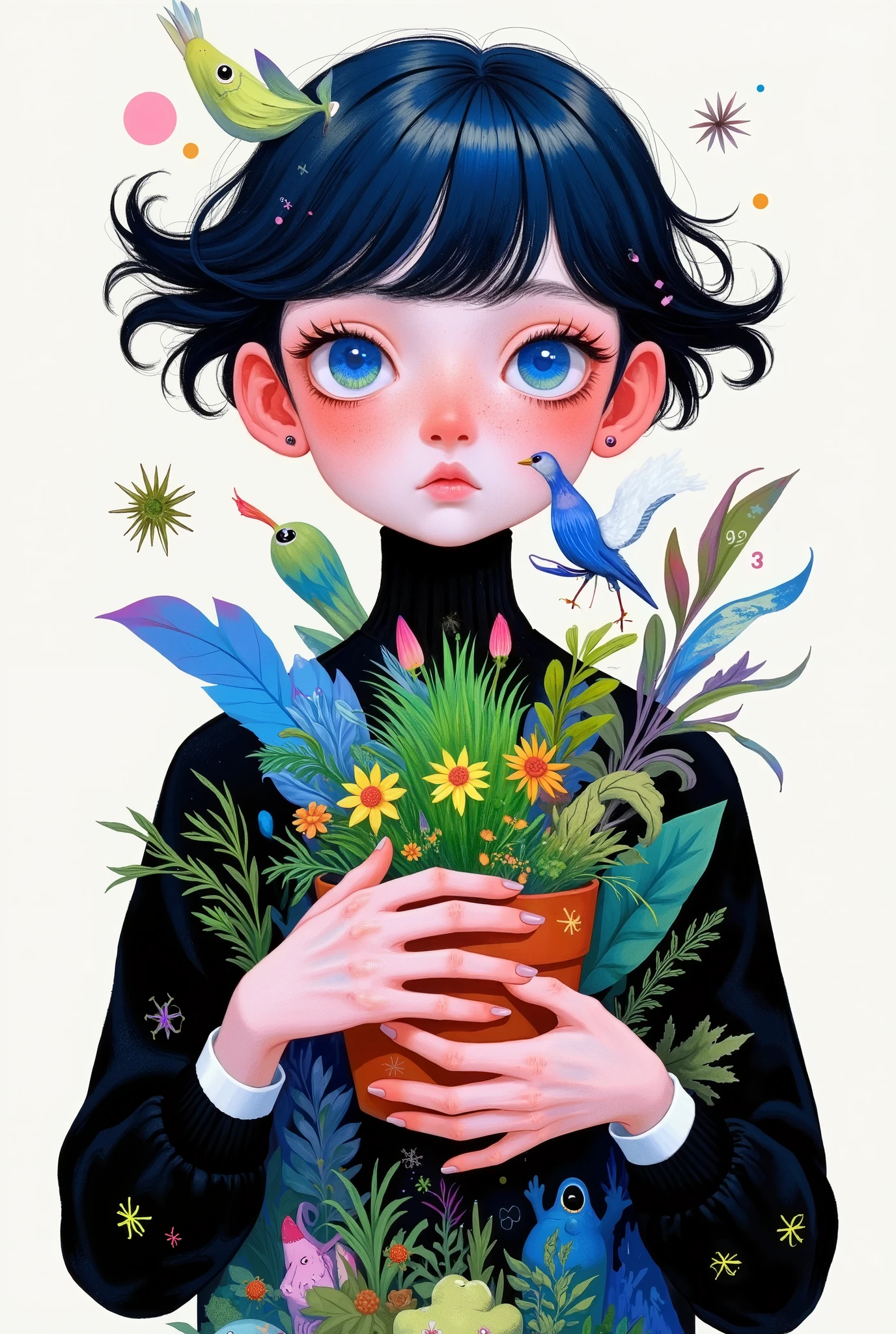 1 boy, eyes,Circle,food,Kaneko, of clothes ,Kanekoen hair,Short hair, and watch the audience gently,Replenish, simple background, upper body, white background, Handsome,Hold a flower pot