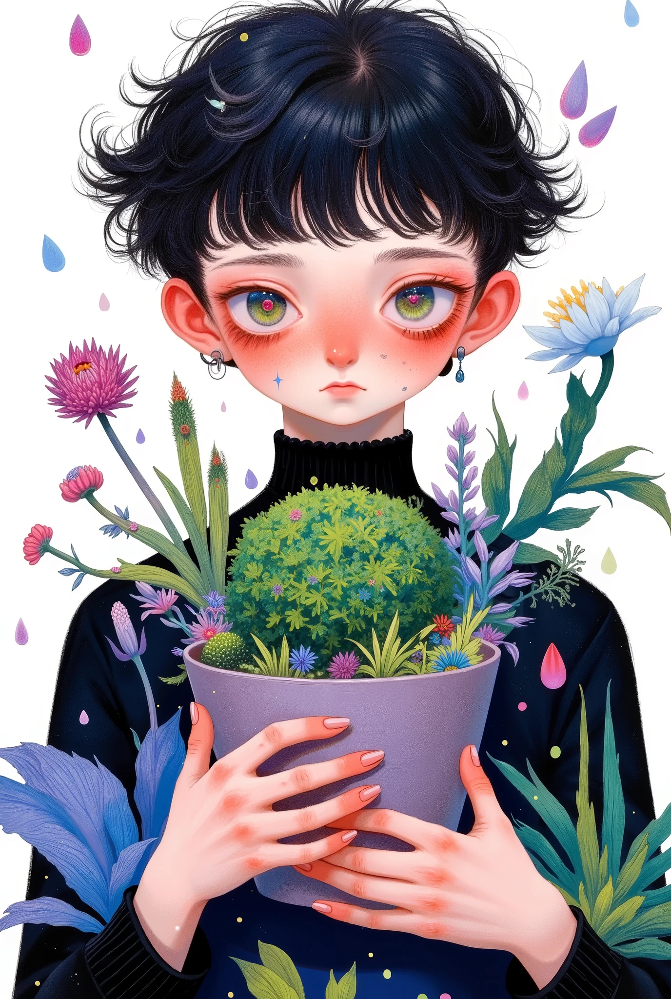 1 boy, eyes,Circle,food,Kaneko, of clothes ,Kanekoen hair,Short hair, and watch the audience gently,Replenish, simple background, upper body, white background, Handsome,Hold a flower pot