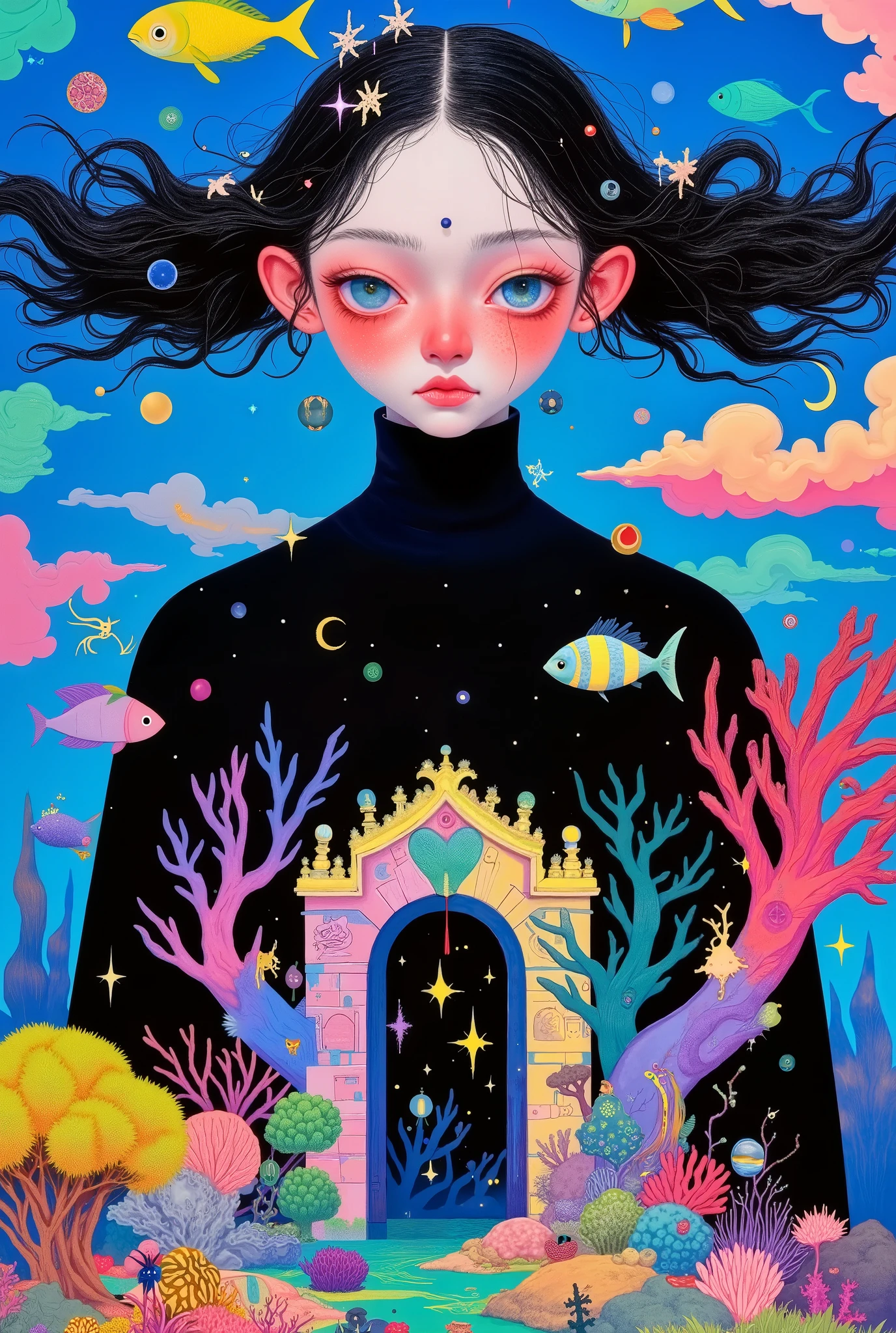  a girl with colored eyes,Black turtleneck，A door opened in the body， dreamy illustration ,  big beautiful eyes ，Big colorful eyes 。Colored fish in the body ，Colored coral