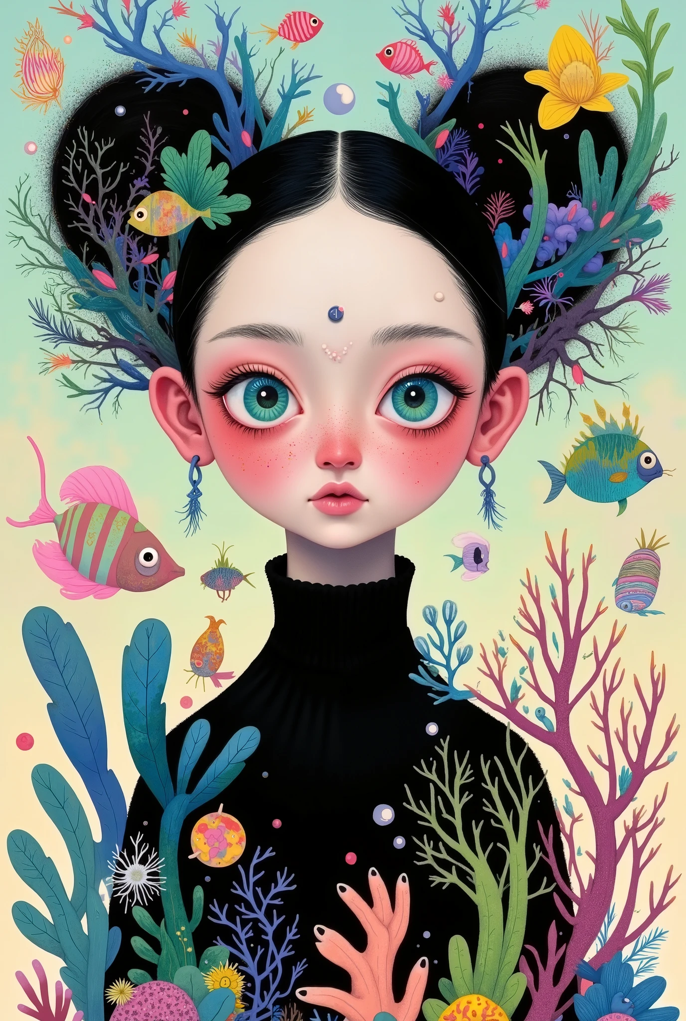 a girl with colored eyes,Black turtleneck, dreamy illustration , big beautiful eyes ,Big colorful eyes 。Colored fish in the body ,Colored coral