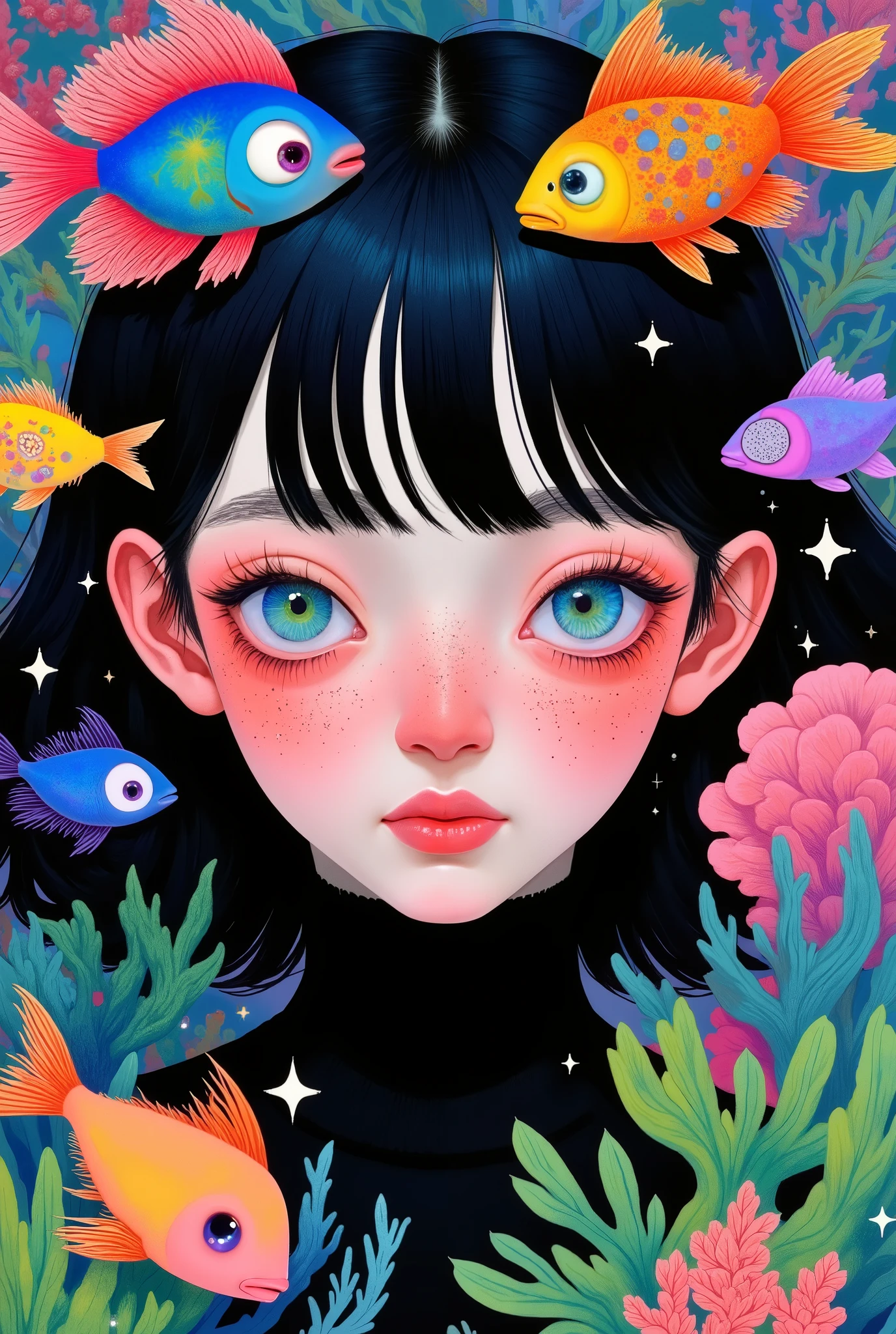  a girl with colored eyes,Black turtleneck， dreamy illustration ,  big beautiful eyes ，Big colorful eyes 。Colored fish in the body 