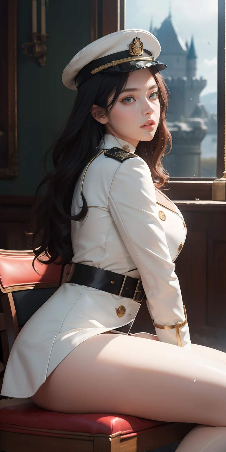 Very detailed CG, 1 girl, red face, slightly open lips, wet body, plump and symmetrical breasts, raised buttocks, long white trench coat, two-breasted buttons, buttoned well, white military cap, white gloves, white boots, green wavy curls, leather whip, chest bump close-up, buttocks close-up, multiple angles, black sky, gloomy castle, dynamic angle, flowing, 8k wallpaper, masterpiece, best quality, super detailed, best lighting, best shadows