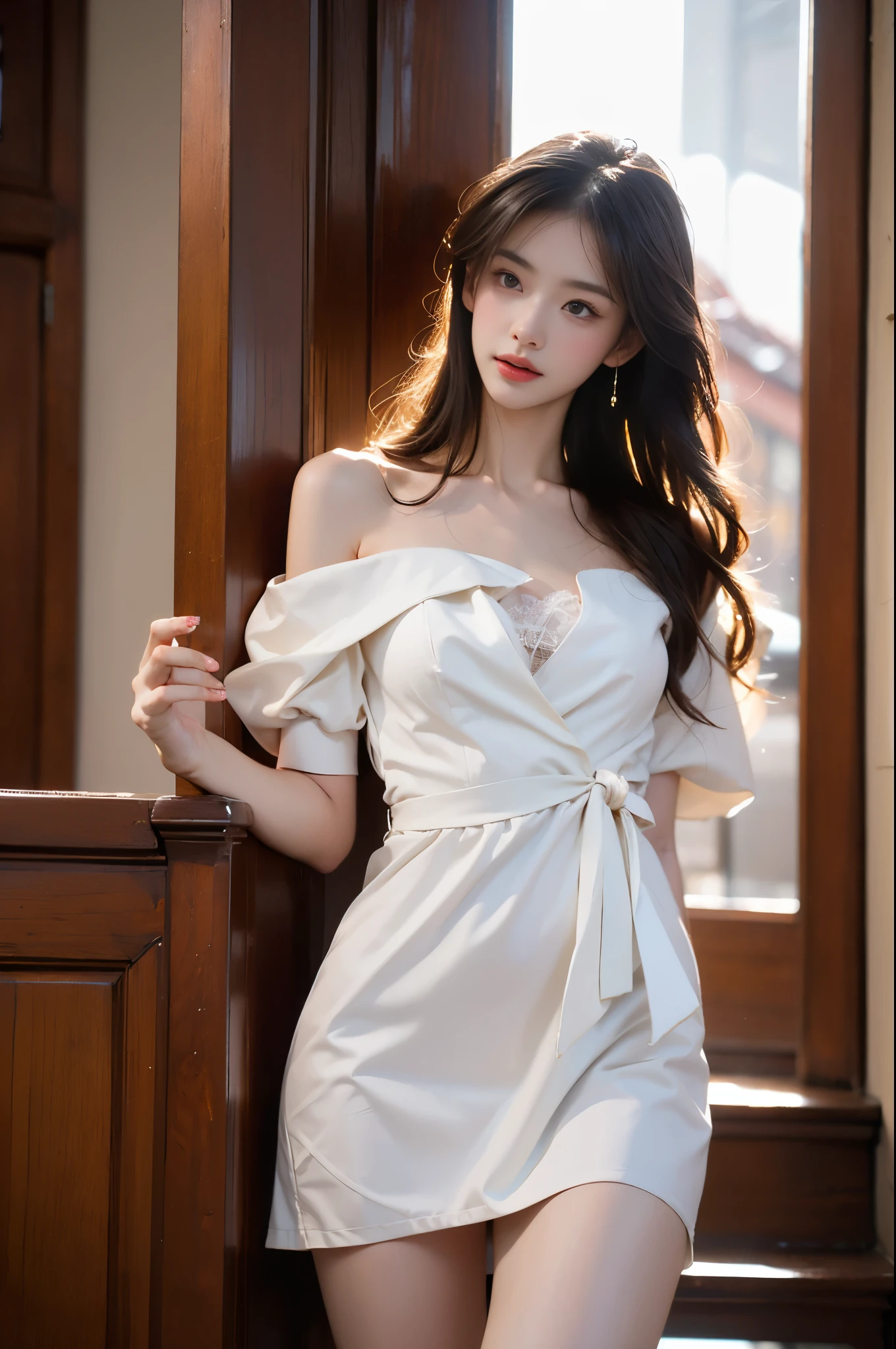 (Highest quality、4K、masterpiece:1.3)、Beautiful woman、1 Girl、sexy:1.1、Dark brown hair:1.1、Highly detailed face、Lip details、Detailed eyes、double eyelid、(Pink nipples are transparent)、(Translucent off-shoulder wet white dress)、(She's wet)、(A woman taking shelter from the rain in a waiting room in a park)