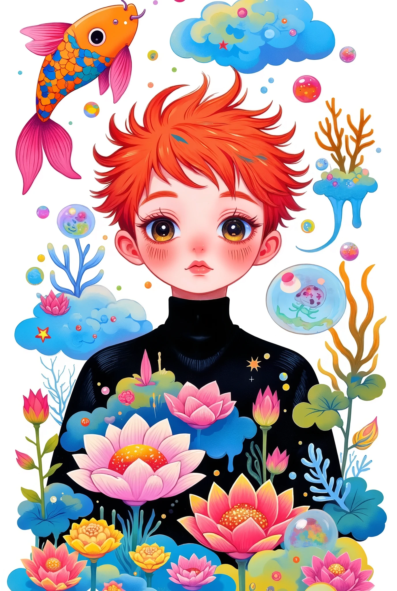 cute boy portrait, big round eyes 。red short hair,Spiky hair。 black clothes。Holding a koi,fish🐟,Colored coral。Flowers。 Simple and clean background 。blue clouds 。Color bubbles。Layered Art