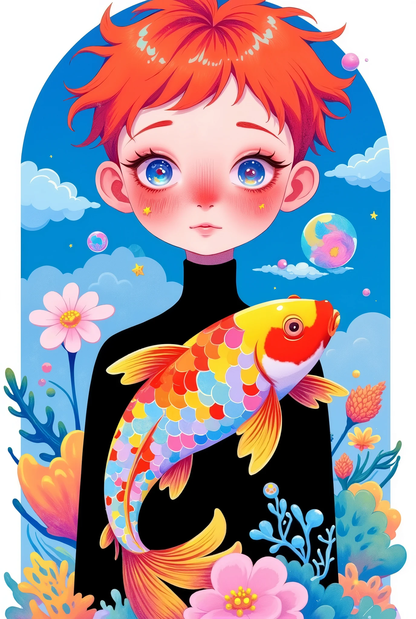  cute boy portrait， big round eyes 。red short hair，Spiky hair。 black clothes。Holding a koi，fish🐟，Colored coral。Flowers。 Simple and clean background 。blue clouds 。Color bubbles