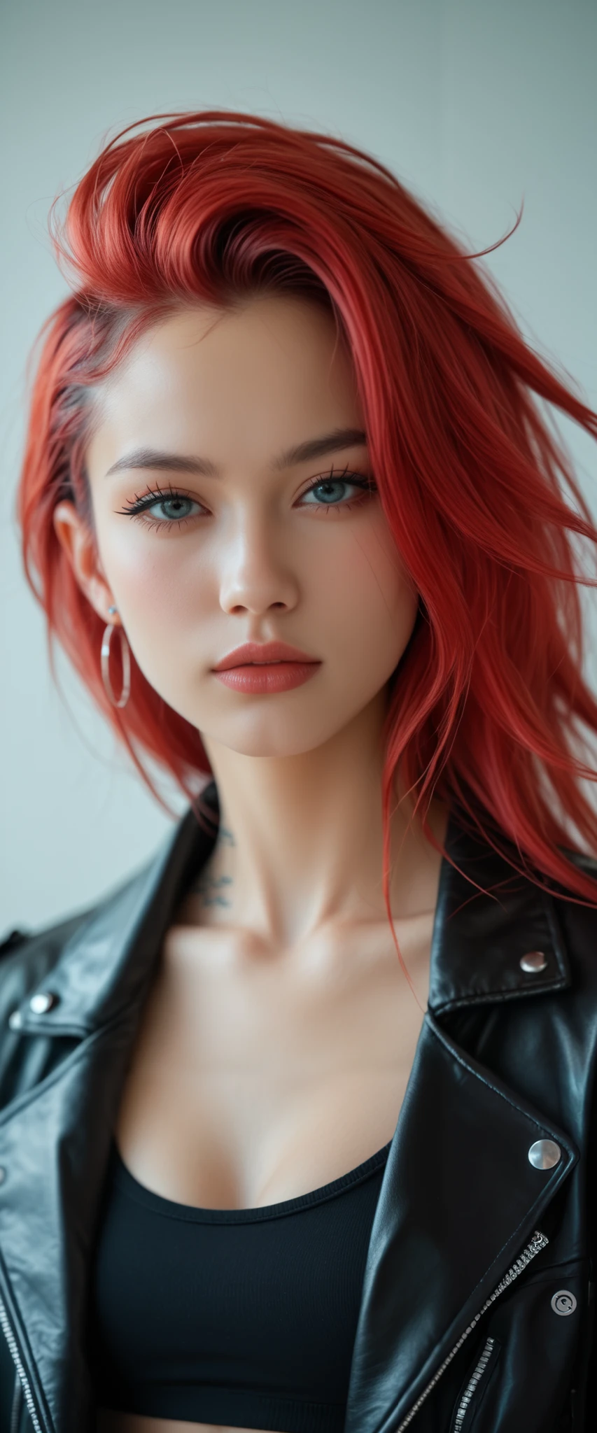 score_9_ up, score_8_ up, score_7_ up, Abstract, 1 girl, Alone, Age 25, PERFECT FACE IN DETAILS, Close view ,(adult), sexy,Red Hair, stares at viewers, leather jacket, black crop top, cyberpunk, portrait photo, beautiful eyes, cowboy shot, cyberpunkアート, portrait,(背景はAbstract落書きされた壁:1.3), is written in depth