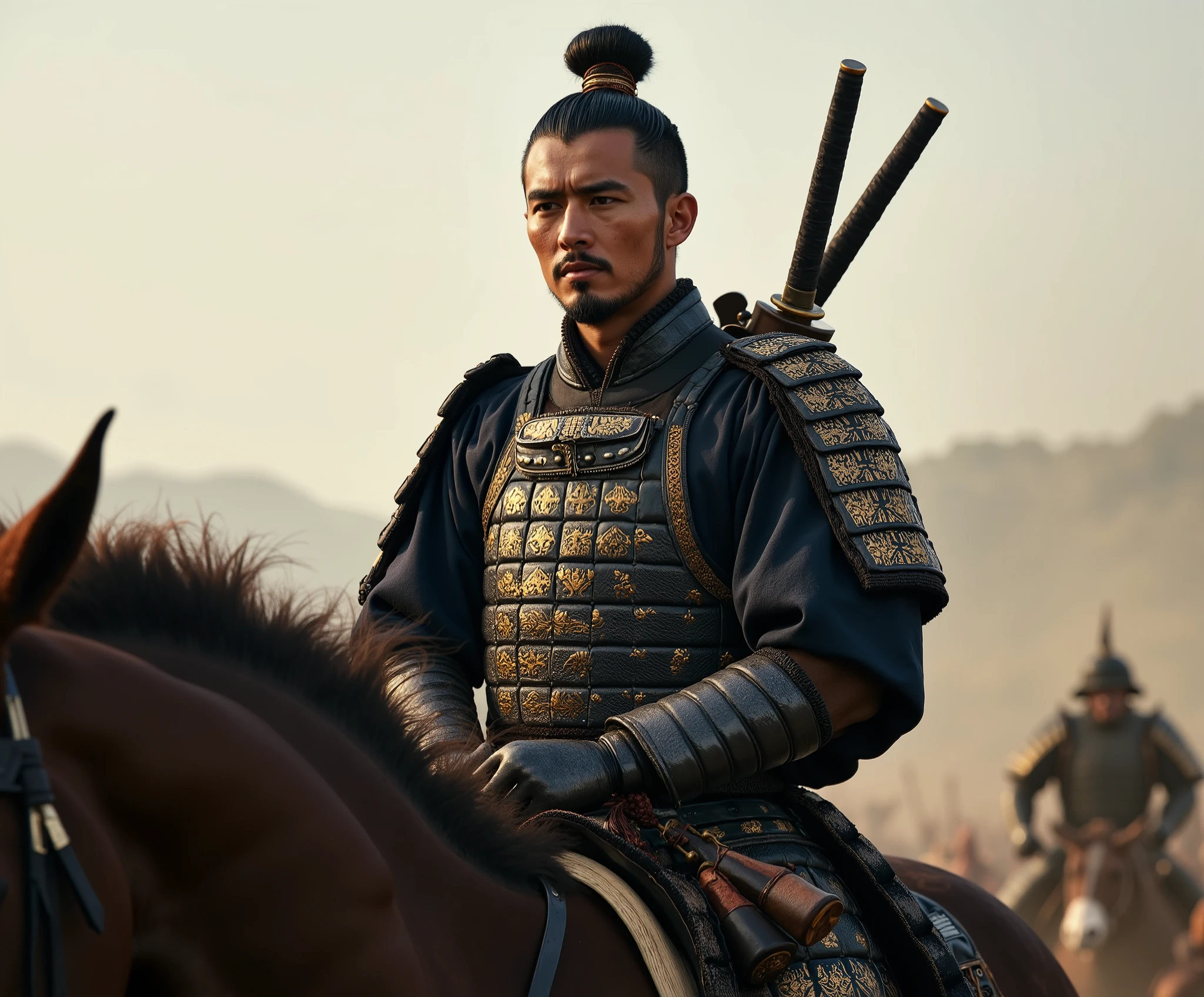 masterpiece), ( Photo Rear Stick),(High Definition 18K ), Japanese military generals in the Heian period,　Yoshiko Kiso, Age 30,　 handsome,　battlefield,Ride a horse with ,　 wear armor,　Put a Japanese sword on your back　