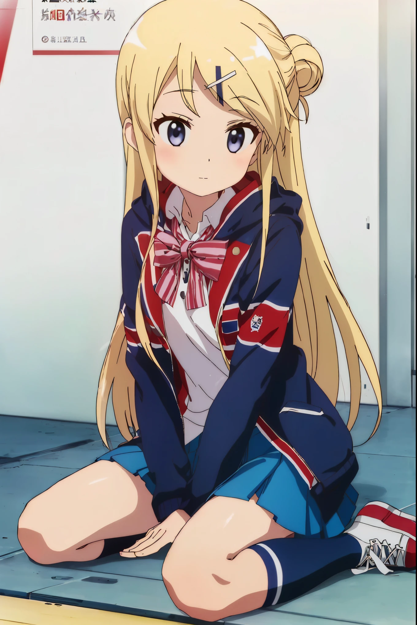 kujo karen union jack jacket, striped bow, white shirt, long sleeves, pleated skirt, blue skirt, kneehighs,