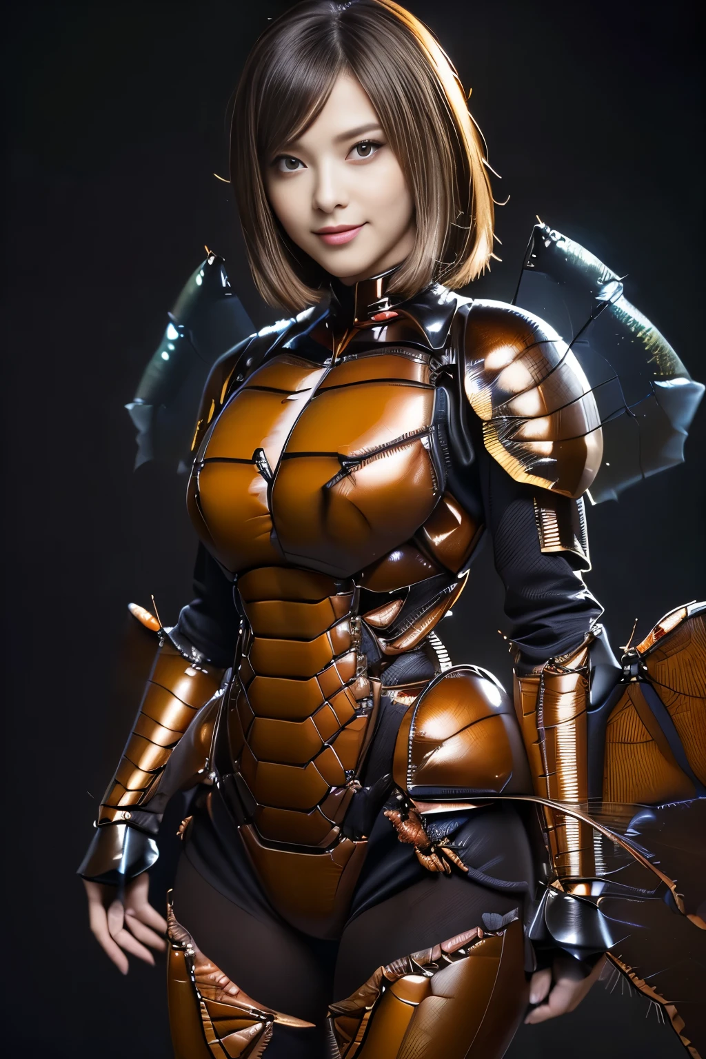 (high resolution,masterpiece,best quality,extremely detailed CG, anime, official art:1.4), realistic, photo, amazing fine details, all intricate, gloss and shiny,awesome many layers, 8k wall paper, 3d, sketch, kawaii, illustration,( solo:1.4), perfect female proportion,villainess, (fusion of dark brown cockroach and lady:1.4), (brown cockroach form lady:1.2), (brown cockroach lady:1.2), (fusion:1.2), (solo:1.4), (evil smile:1.2), muscular, abs, (cockroach brown exoskeleton bio insect suit:1.4), (cockroach brown exoskeleton bio insect armor:1.2), (brown transparency cockroach wing:1.4), (brown cockroach antennae:1.3),