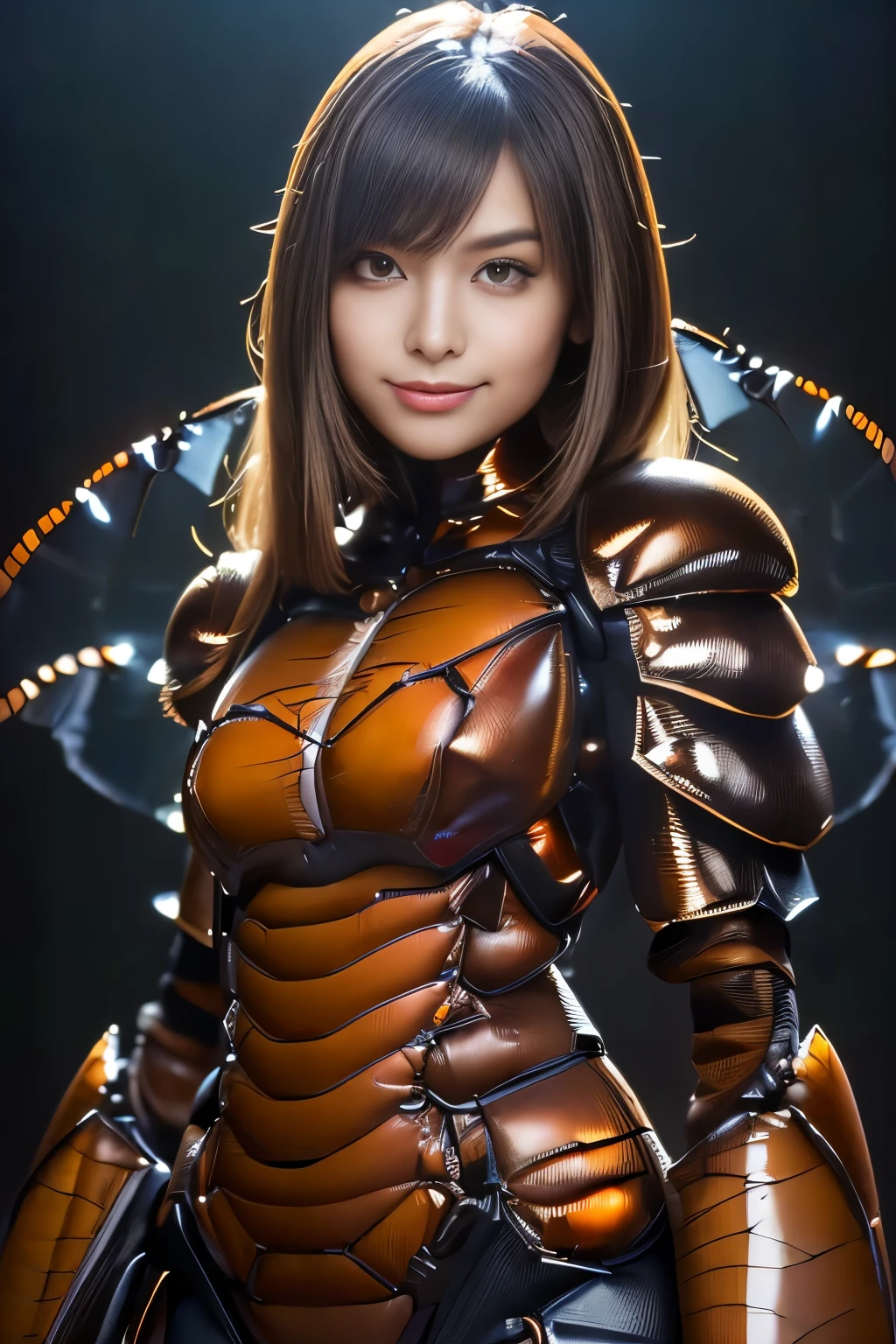 (high resolution,masterpiece,best quality,extremely detailed CG, anime, official art:1.4), realistic, photo, amazing fine details, all intricate, gloss and shiny,awesome many layers, 8k wall paper, 3d, sketch, kawaii, illustration,( solo:1.4), perfect female proportion,villainess, (fusion of dark brown cockroach and lady:1.4), (brown cockroach form lady:1.2), (brown cockroach lady:1.2), (fusion:1.2), (solo:1.4), (evil smile:1.2), muscular, abs, (cockroach brown exoskeleton bio insect suit:1.4), (cockroach brown exoskeleton bio insect armor:1.2), (brown transparency cockroach wing:1.4), (brown cockroach antennae:1.3),