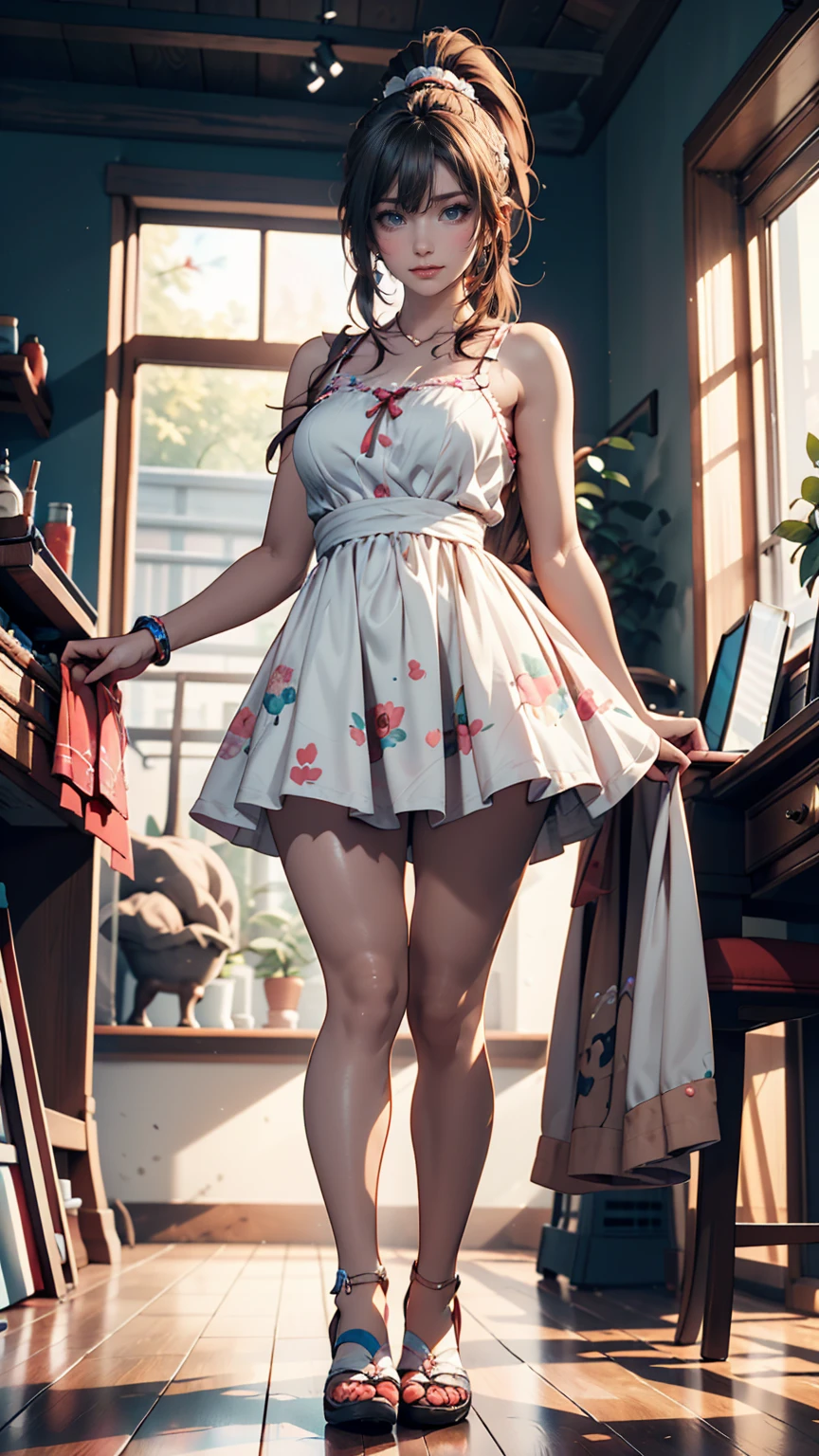 (master piece: 1.1), 1girl, sologirl, detailed face, full body, (detailed brown eyes), white pupils, brown hair, clips at hair, (red hair clips), christmas dress, shy cheeks, (scared), anime character, (christmas costume), handless, arms at side body, christmas clothes, (wearing santa hat), masterpiece, delicate pattern, intricate detail, ((simple gray background))