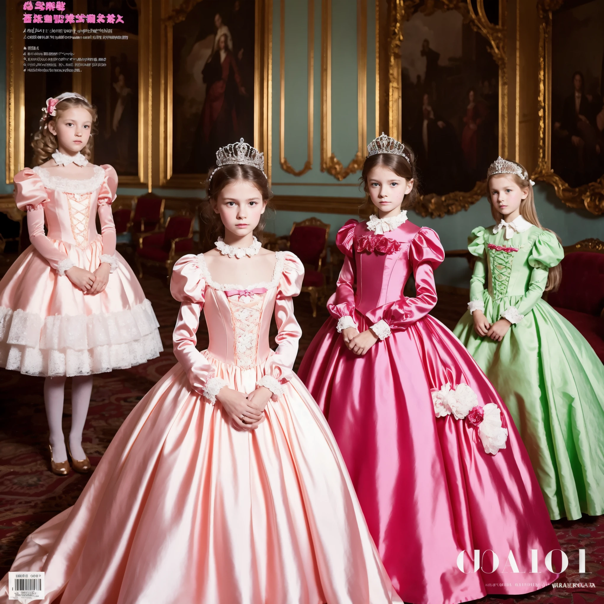 highest quality, masterpiece, highest resolution, artwork, super become familiar with, many be familiar with, be familiar with, become familiar with,, a child girl,(10 yhe girl is a princess,everyone wears a tiara on their head,((All wearing pink Victorian dresses with voluminous, full-length hoop skirts)),(long sleeves with ruffles),((long dress that touches the floor)),A dress with lots of frills and ribbons,luxury,inside the palace,Satin fabric dresses,