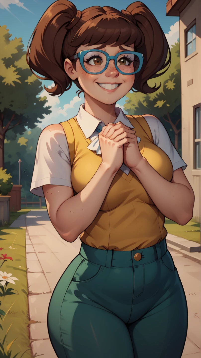 score_9, score_8_up, score_7_up, BREAK, madelyn, brown hair, twintails, glasses, blue framed glasses,white shirt, collared shirt, yellow vest, short sleeves, green pants, perfectly round breasts, wide hips, beautiful, sexy, cute, medium breasts, , looking, outdoors, smiling, shy, freckles, brown eyes, hands together, chubby,