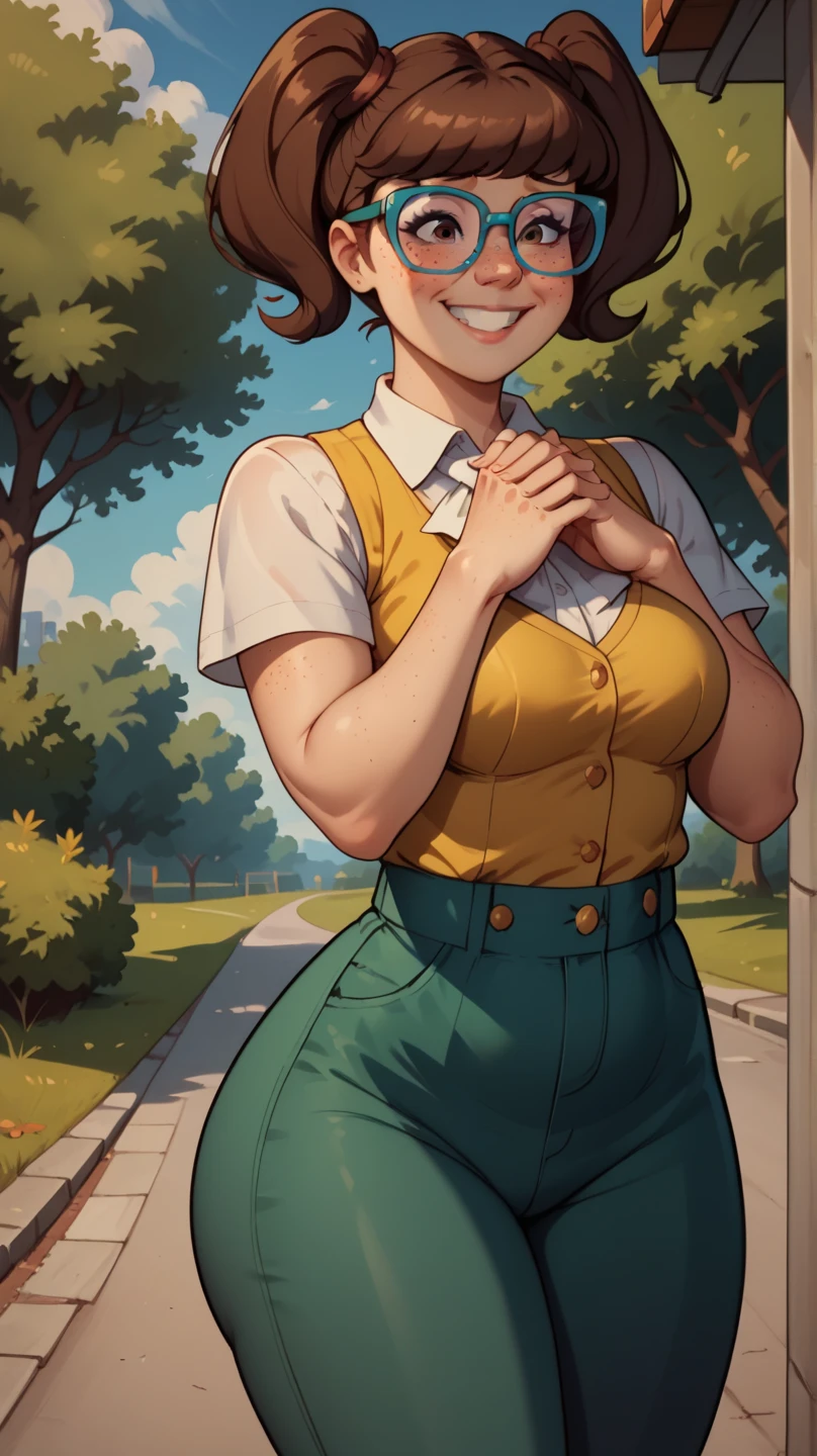 score_9, score_8_up, score_7_up, BREAK, madelyn, brown hair, twintails, glasses, blue framed glasses,white shirt, collared shirt, yellow vest, short sleeves, green pants, perfectly round breasts, wide hips, beautiful, sexy, cute, medium breasts, , looking, outdoors, smiling, shy, freckles, brown eyes, hands together, chubby,