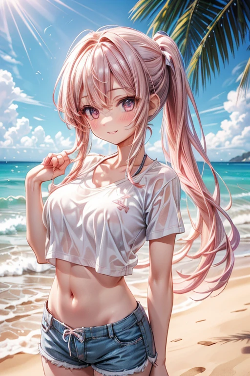 (8K、Highest quality、Highest quality、masterpiece)、Detailed face、One Girl、
(Brown Skin:1.2)、Long Hair、
Pink Eyes、Sweat、Grin、
(White tank top、Denim hot shorts、Mini Shorts、Cameltoe)、
Beach、cloud、
belly button、Big Breasts、