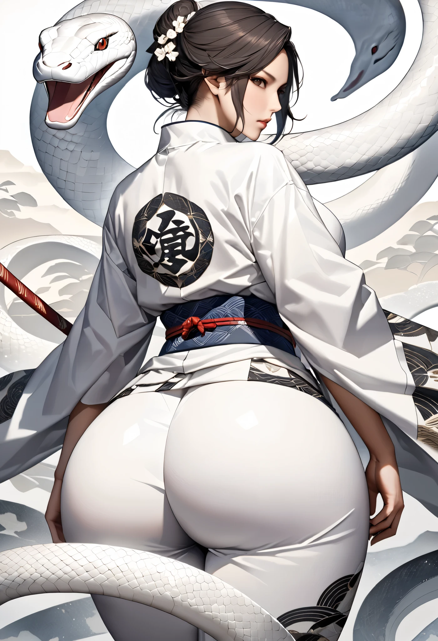 (masterpiece:1.3, highest quality, Ultra-high resolution, Very detailed), Digital art symbolizing the white snake, white snakes on both sides, Art design reminiscent of ancient japanese hanging scrolls, A woman incarnated as a snake stands in the middle, posing ready for a fight, backshot, (Woman close-up:0.8), Big Breasts, big ass,