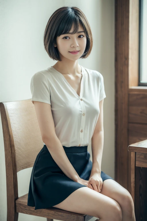 (8k, RAW Photos, highest quality, masterpiece:1.2), Super detailed, Super Resolution, (Realistic, Realistic Photo:1.37), The whole body from head to toe, High-resolution RAW color photos, Professional photos, Very detailedで美新しい, Very detailed, 8k wallpaper, Amazing detail, Large file size, Very detailed美少女, Very detailed顔, Very detailed目, Very detailed肌, Very detailed指, Very detailed鼻, Very detailed詳細な口 , Perfect Anatomy, Very detailed背景, Very detailed衣服, 1 girl, (18:1.2), Age 25, Cute girl, Realistic body, Fair skin, Glowing Skin , Black Hair , Curly Hair, (bangs:1.2), smile, Cute face, Realistic face, Delicate eyes, Droopy eyes, Gunmetal Grey T-Shirt, Short skirt, Earrings, Looking at the audience, Cowboy Shot, Look forward, Standing position, Opposition, Dynamic Lighting, Very large breasts,