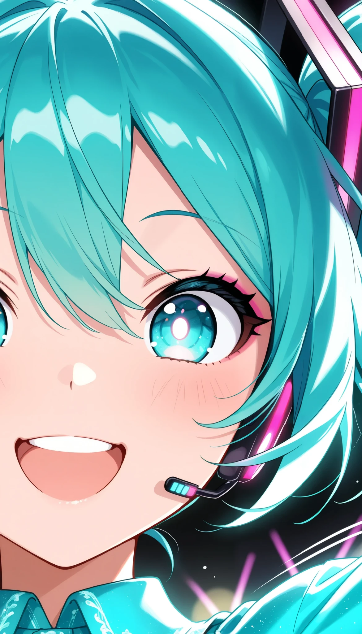 Hatsune Miku, Neon Girl, live stage , (turquoise color hair , twin tails), ((( turquoise color dress, Collared dress , cropped tops , face close-up))), smile:1.6, smile, Laugh, ((Dance Motion, Random Actions)), colorful, lively, Glowing Contours, neon, Black Light , look at viewers, best quality , very aesthetic, masterpiece, Highest Image Quality, up to date,