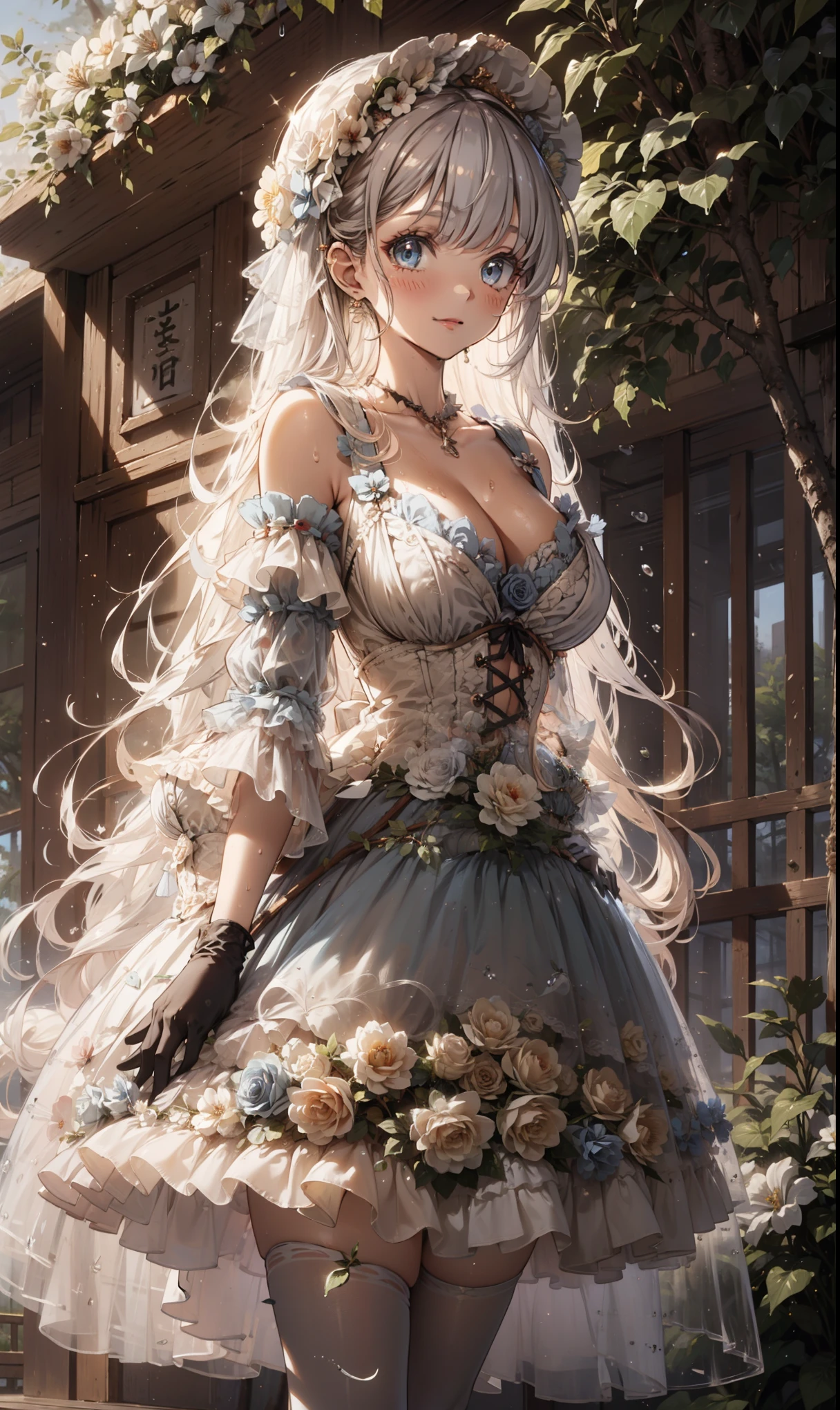  masterpiece,  Best Quality ,   Super Detailed in the Wet Forest , illustration, 极其精致 Beautiful , 1 Girl,  unique ,  seductive posture，flower,( Beautiful ,Large target_breast),Chuckling,ta_skirt,nature,flower园,  Clear Fabric ，Lace，Puff sleeves，Detailed stripes and embellishments，Long gloves，