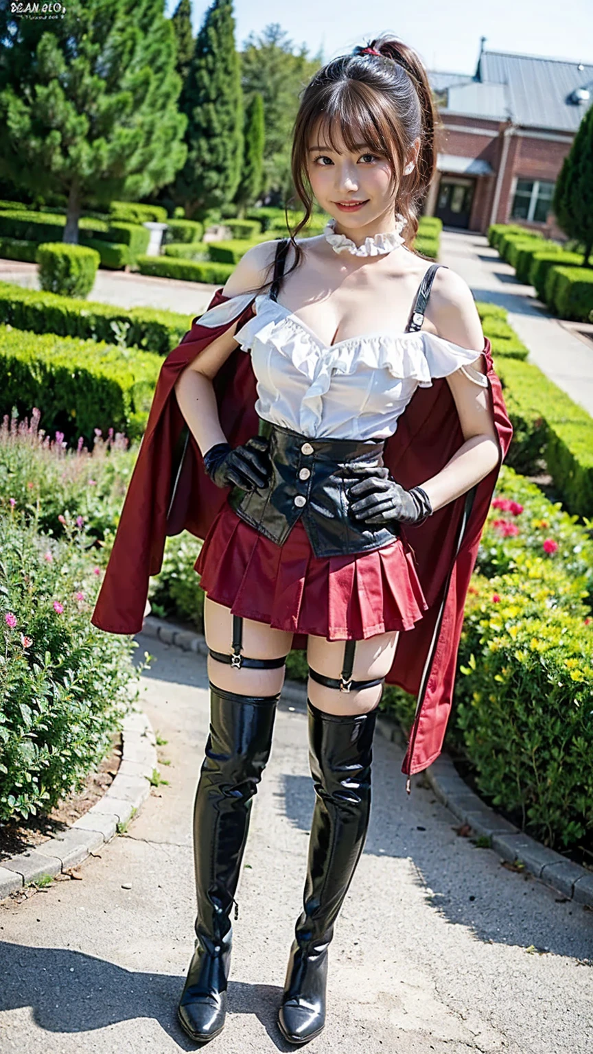 a woman wearing a red dress with white details, black boots, long white hair, ponytail hair, yellow eyes, smiling, big breasts, walking on a sidewalk, with a lamp post, with a castle in the background,HDR, ultra resolution, well defined, masterpiece, 8K HD (woman solo )