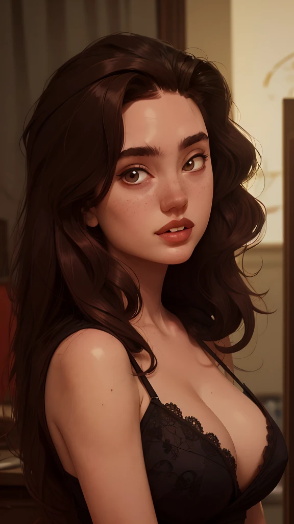 Character style illustration style Completely bare breasts showing small fear Breast size Cartoon name: white background medium breasts freckled face Jennifer Connelly actress strong contours Physical description - long, straight hair, tingidos de um marrom vibrante que contrasta com sua pele clara. - You reflect a mix of curiosity and determination. - Ela tem uma estatura alta, with a slender and agile figure, evidenciando sua agilidade e destreza. -fundo colorido Design de personagens de retrato, beautiful digital illustration, retrato de alta qualidade, Arte em quadrinhos, Corpo inteiro sensualizando ou pelada. folha de retorno. return sheet member clothes of the day hell day expression love using sanserina and Harry Potter clothes