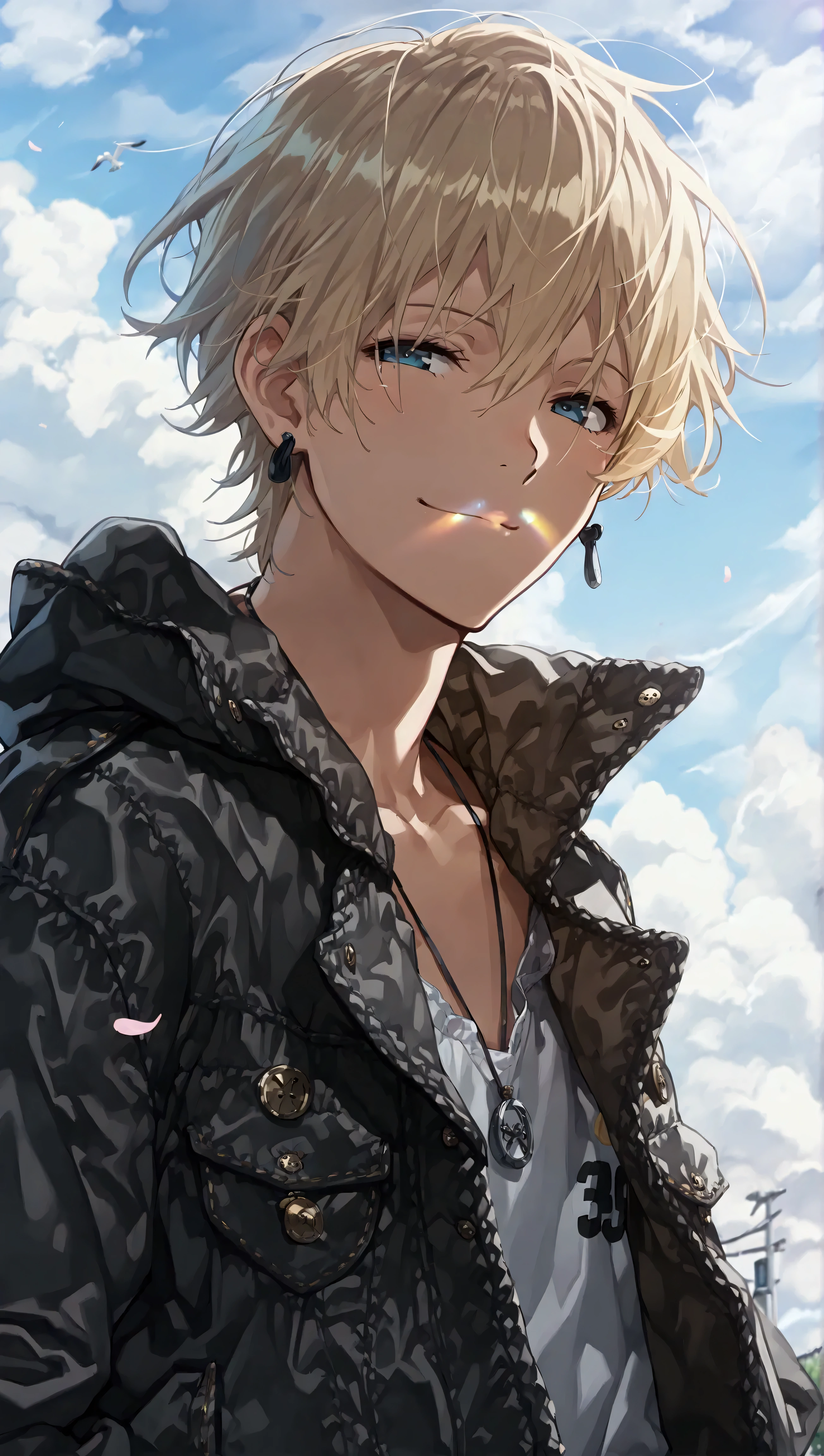 ( best quality ,4K,8k, high resolution,  Masterpiece :1.2),Middle Age,Blonde,One personの男性,One person, oversized jacket,whole body,thick soled sneakers , anime style,Men&#39;s, shows shadows somewhere with an innocent smile,Jeans Trousers