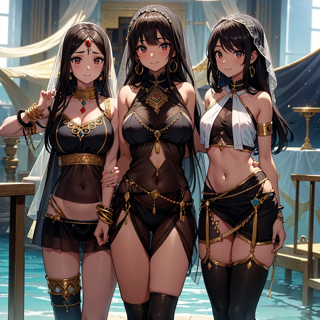 dancer, (masterpiece:1.2), best quality, high quality, Highres, (hyper detailed), 3girls, double arm hug,