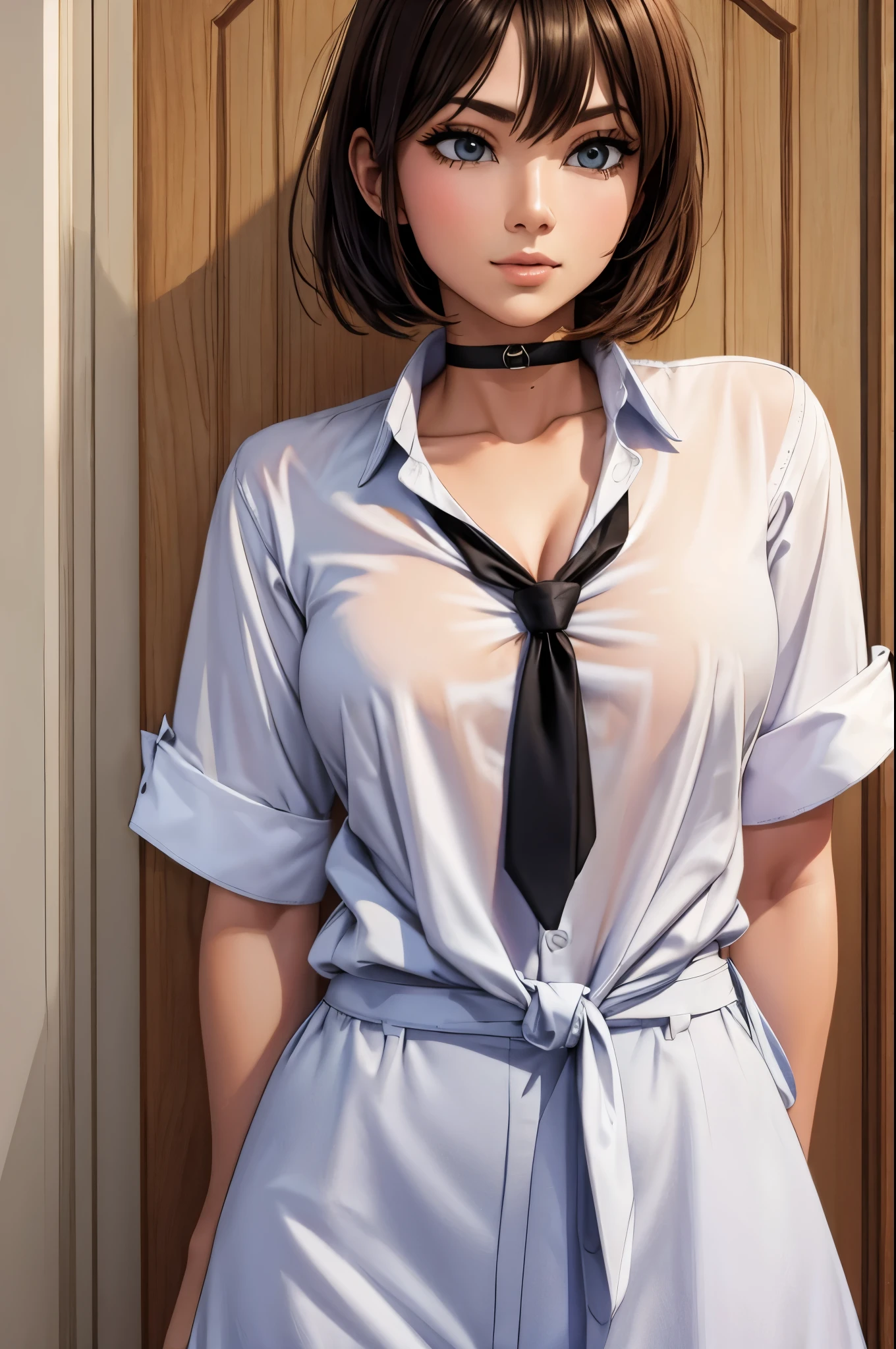 masterpiece, ((best quality)), 4K, ultra-detailed, photorealistic, (1 girl), (full body), (A fascinating eye for perfect detail:1.2), (covering her nipples with hands), (look at the viewer), (smirk), (blue eyes), (small breasts), ((wearing a white blouse directly over the naked body)), (bike shorts)