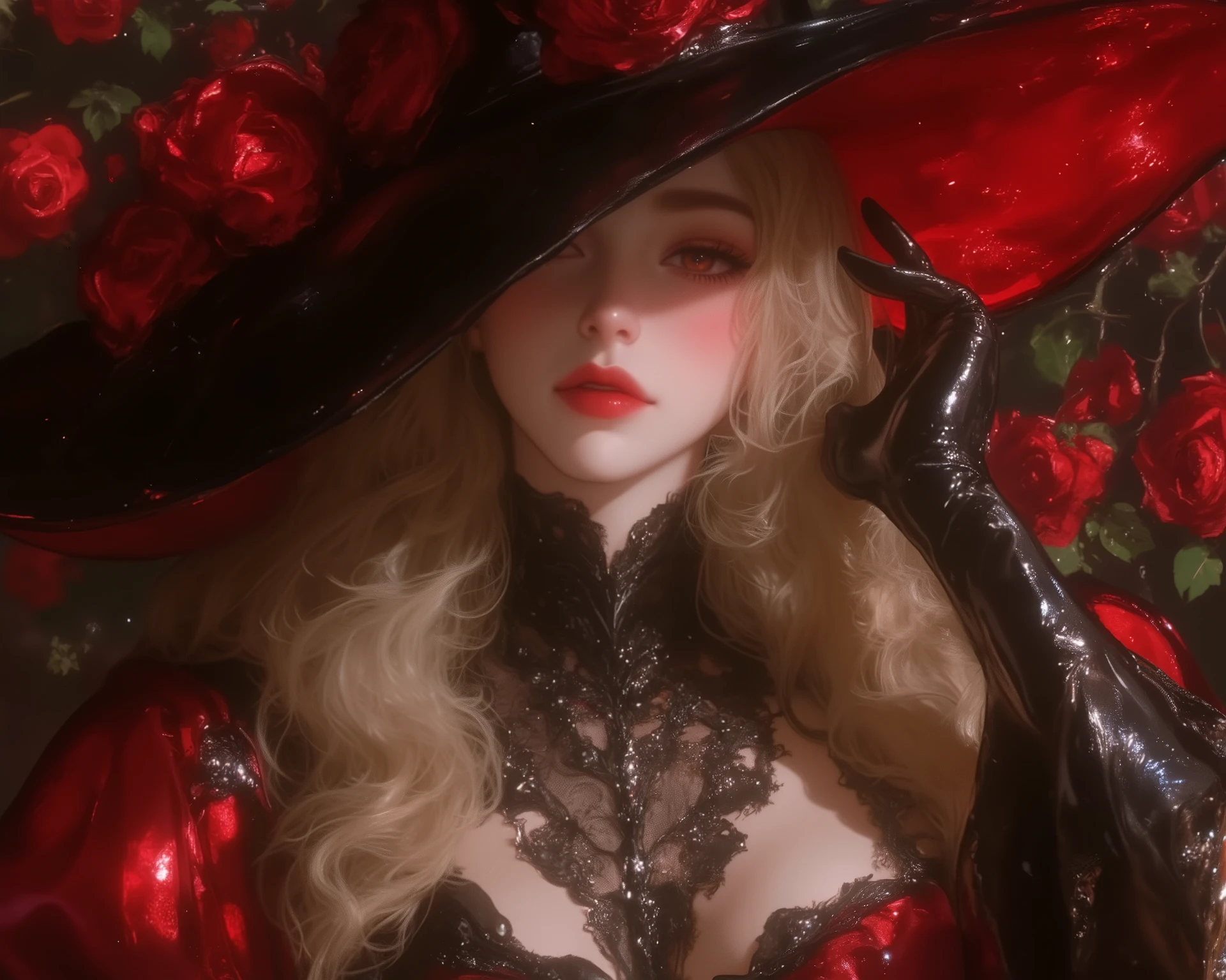 Best quality,masterpiece,ultra high res,beautiful, extremely detailed face, perfect lighting, perfect face, 16k, beautiful women, 1 garota , 16k, Best quality,masterpiece,ultra high res,beautiful, extremely detailed face, 16k, The time is set in the France, 1800. The setting is a thornbush of red roses. A witch with an elegant dress and a big hat. The witch wears an elegant red dress detailed with black, long black gloves on her arms, the hat is also red detailed with black and some red roses. The witch has an ethereal beauty, with long golden blonde hair, crimson red eyes, slightly pink cheeks and full reddish lips.