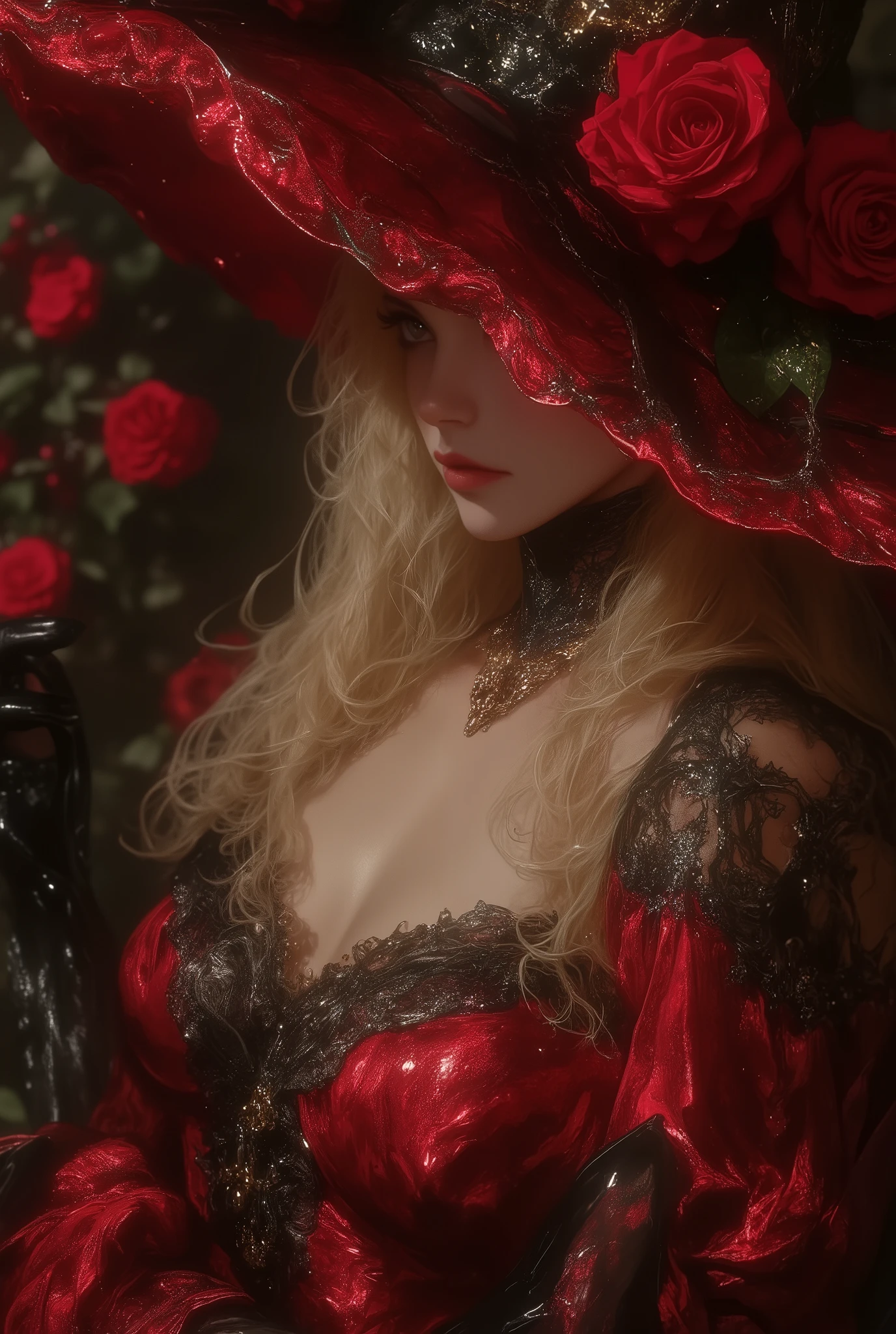 Best quality,masterpiece,ultra high res,beautiful, extremely detailed face, perfect lighting, perfect face, 16k, beautiful women, 1 garota , 16k, Best quality,masterpiece,ultra high res,beautiful, extremely detailed face, 16k, The time is set in the France, 1800. The setting is a thornbush of red roses. A witch with an elegant dress and a big hat. The witch wears an elegant red dress detailed with black, long black gloves on her arms, the hat is also red detailed with black and some red roses. The witch has an ethereal beauty, with long golden blonde hair, crimson red eyes, slightly pink cheeks and full reddish lips.