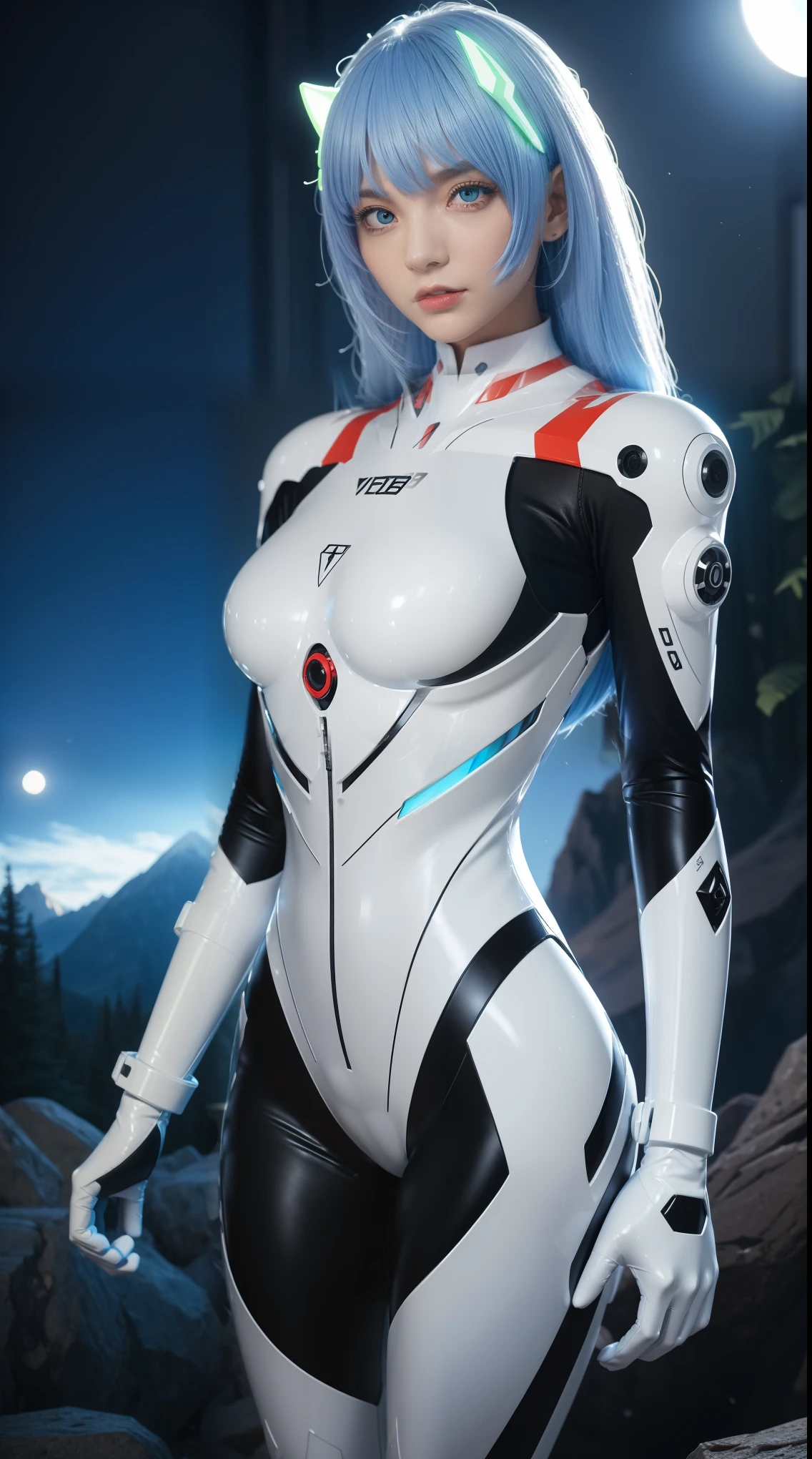 (((Adult female))), (( best quality )), ((masterpiece)), (  Details: 1.4), ( absurd), サイモン・ビスリー風のマイクロソングを着た35歳のAdult female, Neon Genesis Evangelion Neon Style Clothes , Two-piece outfit, Beaver,  arm tattoo, Cybernetic hand,  pastel, Center,  Expanded to Size ,  NFSDW ( High Dynamic Range), ray tracing ,NVIDIA, Super Resolution,Unreal 5,Subsurface dispersion,  PBR Textures,  Post-Processing ,  anisotropic filtering ,  is written in depth, Maximum clarity and sharpness,   with multi-layer textures ,  albedo map and specular map ,  surface shading , Accurate simulation of light-matter interactions,  perfect proportions with spikes,  Forest and mountains in the background with ,  2 TONE LIGHTING, Wide Aperture, Low ISO,  white balance on the lunar surface , Rule of thirds, 8k raw,  Chrisis Nano Suit ,loraeyes,Rainbow Style,Cat Eye,  blue hair , blue eyes