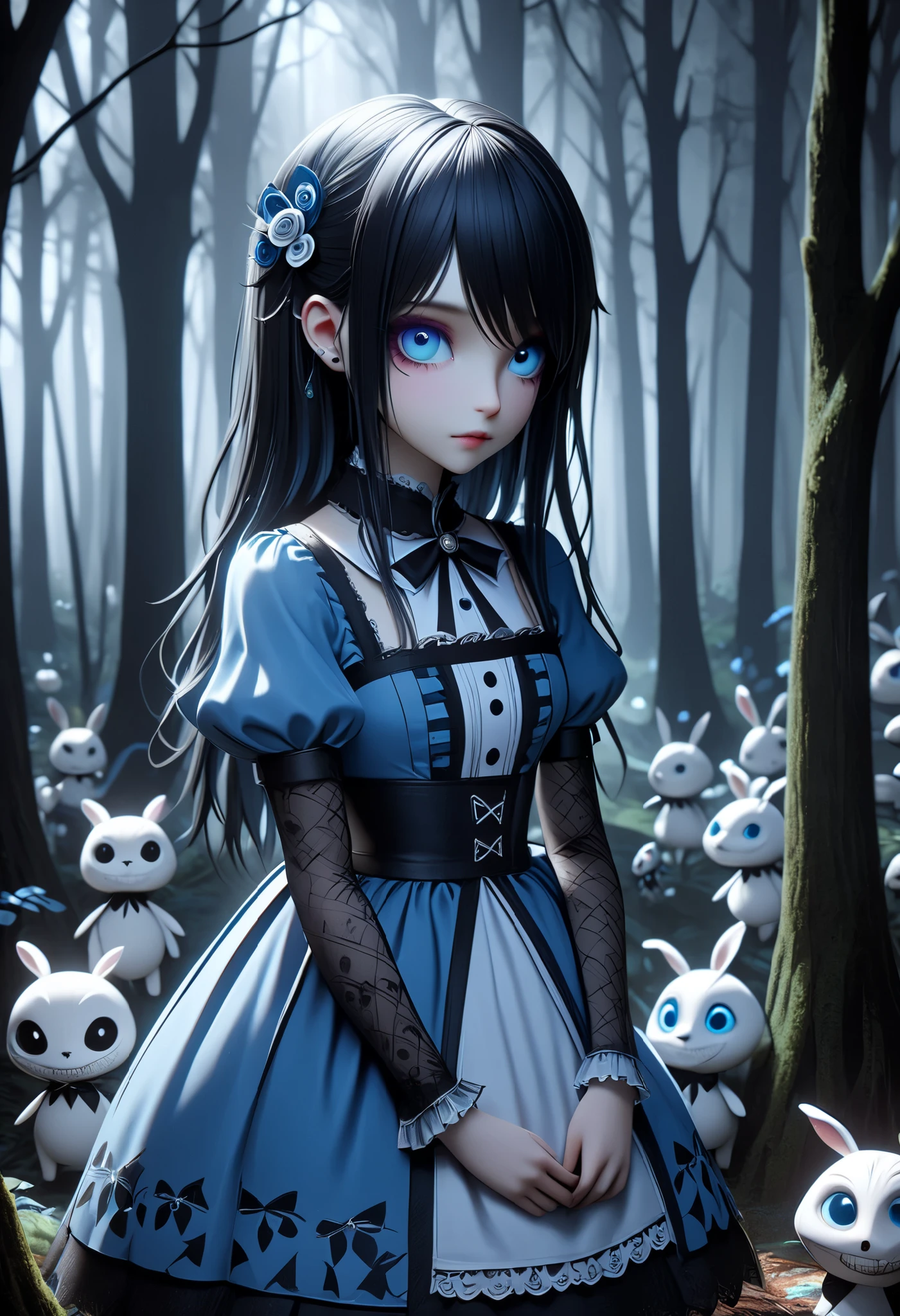 High Definition, masterpiece, Accurate, top quality, High Definition model, high detail, Tim Burton style, Alice in Wonderland, Accurate, Dark, The textures are soft, matte and toy-like, with a handmade premium look, The scene is set in a dark forest, 