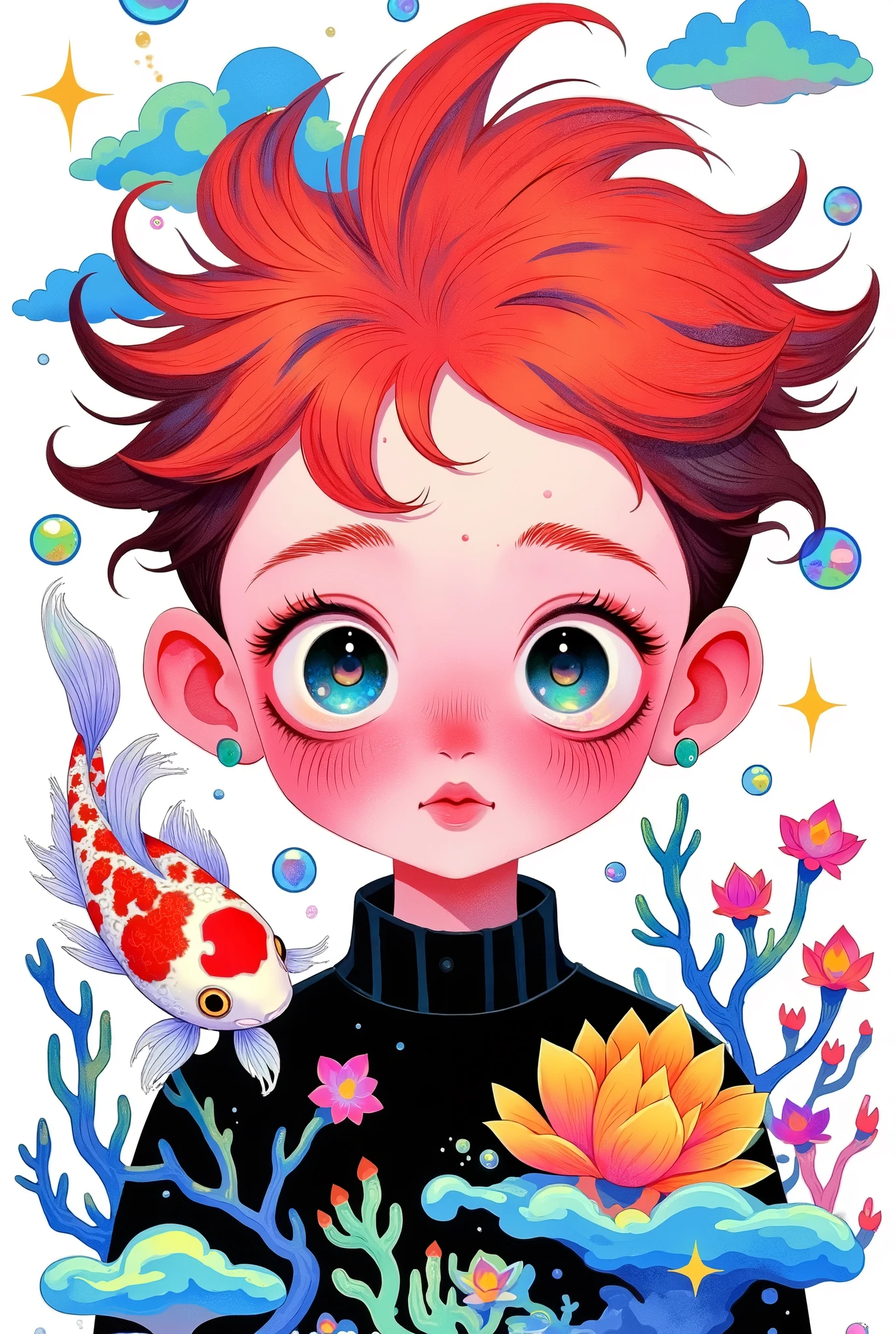  cute boy portrait， big round eyes 。red short hair，Spiky hair。 black clothes。Holding a koi，fish🐟，Colored coral。Flowers。 Simple and clean background 。blue clouds 。Color bubbles。Layered Art