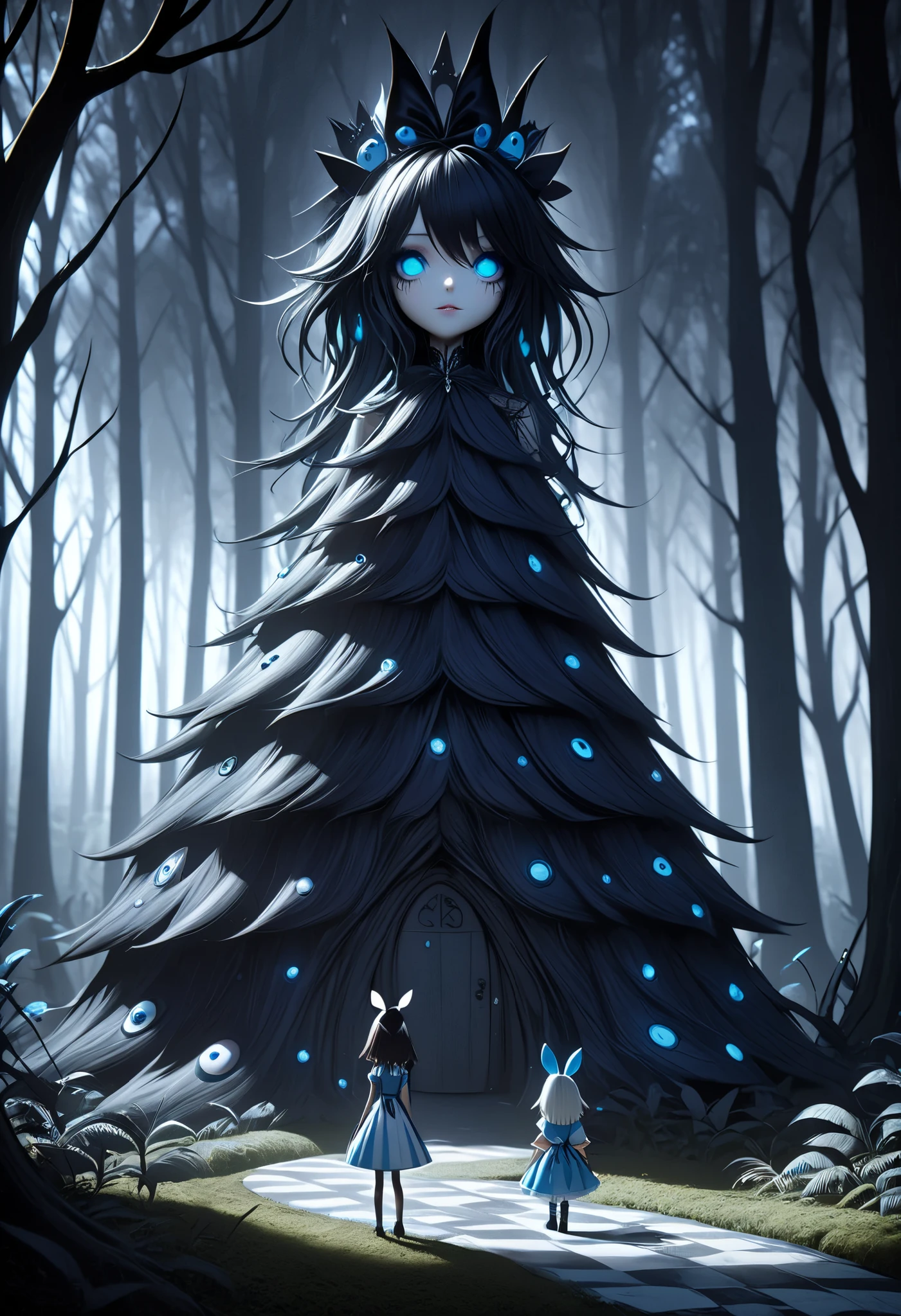 High Definition, masterpiece, Accurate, top quality, High Definition model, high detail, Tim Burton style, Alice in Wonderland, Accurate, Dark, The textures are soft, matte and toy-like, with a handmade premium look, The scene is set in a dark forest,
