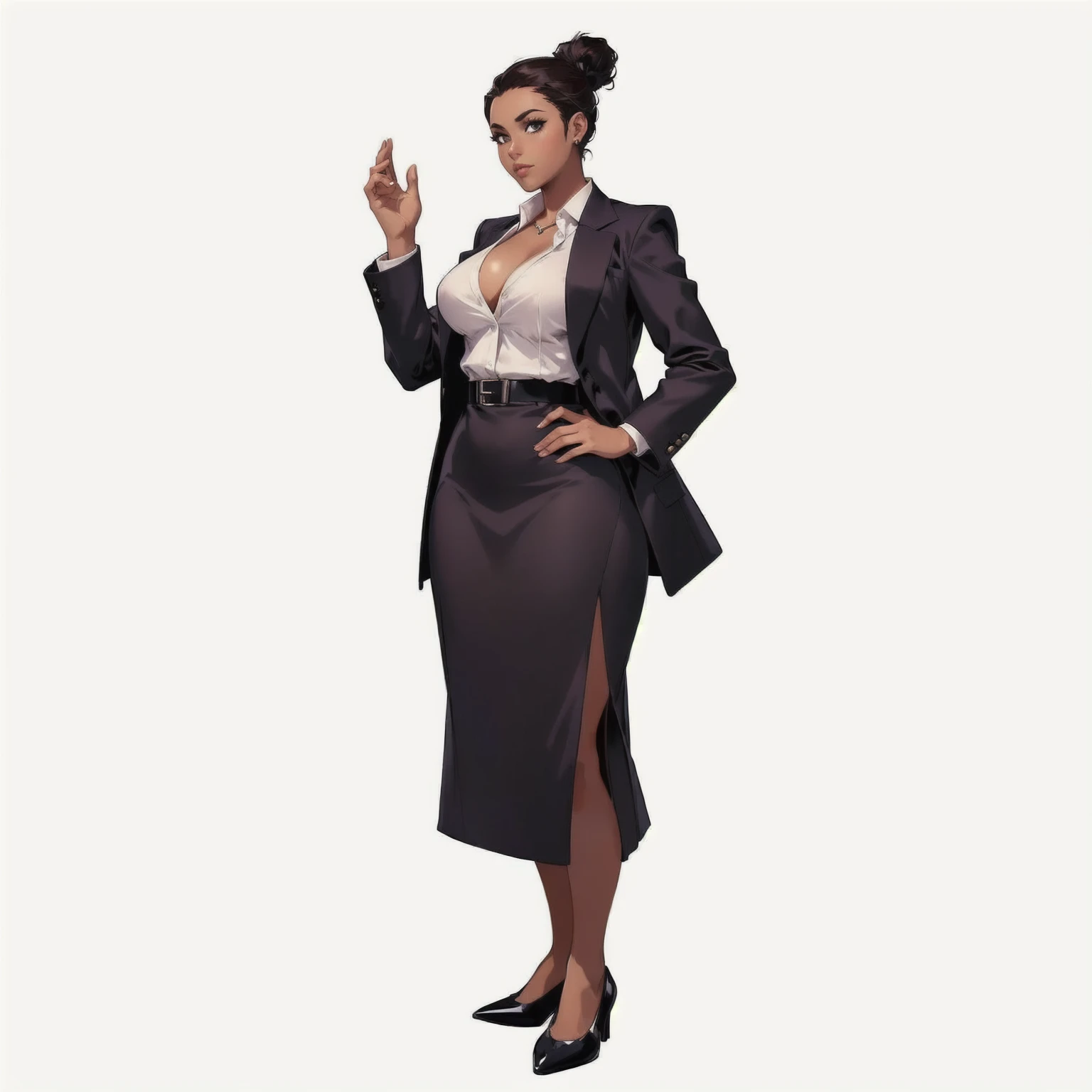 (best quality:1.2), beautiful, perfect eyes, perfect face, 1girl, solo, dark skin female, muscular female, white hair, business suit, pencil skirt, black pantyhose, cowboy shot,