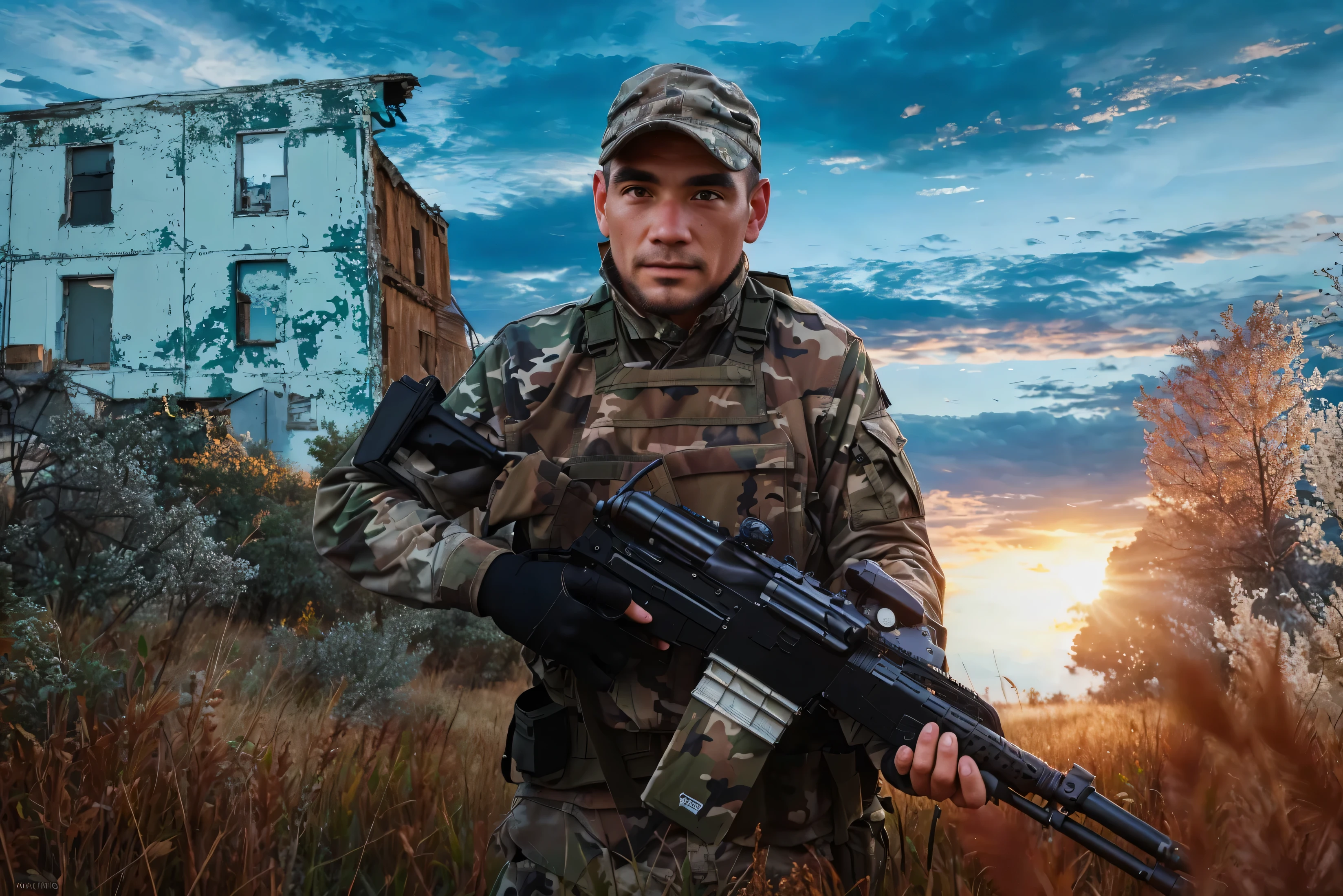 <lora:militrous_v2:1> masterpiece of photorealism, photorealistic highly detailed 8k photography, best hyperrealistic quality, volumetric lighting and shadows, young man in militrous, bob white, Beehive Huts, Cinematic Low-Angle Shot