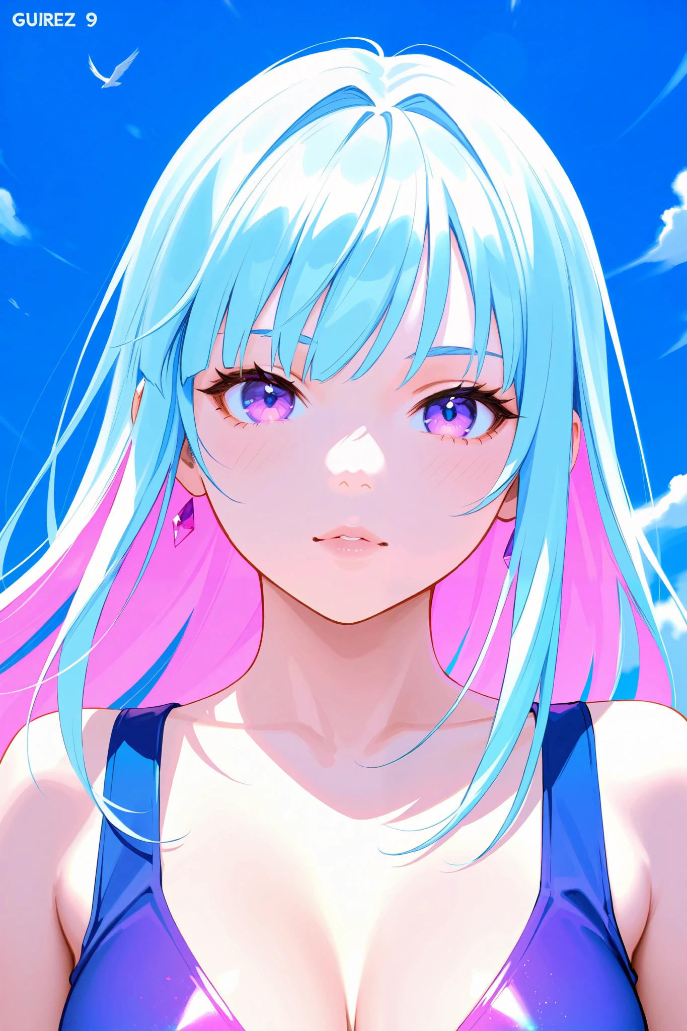 ((mesa, da mais alta qualidade, superdefinição, High definition)), Sozinho, garota linda, olhos brilhantes, olhos perfeitos, 16 anos, Parede azul 、Plano de fundo com, in pink swimsuit