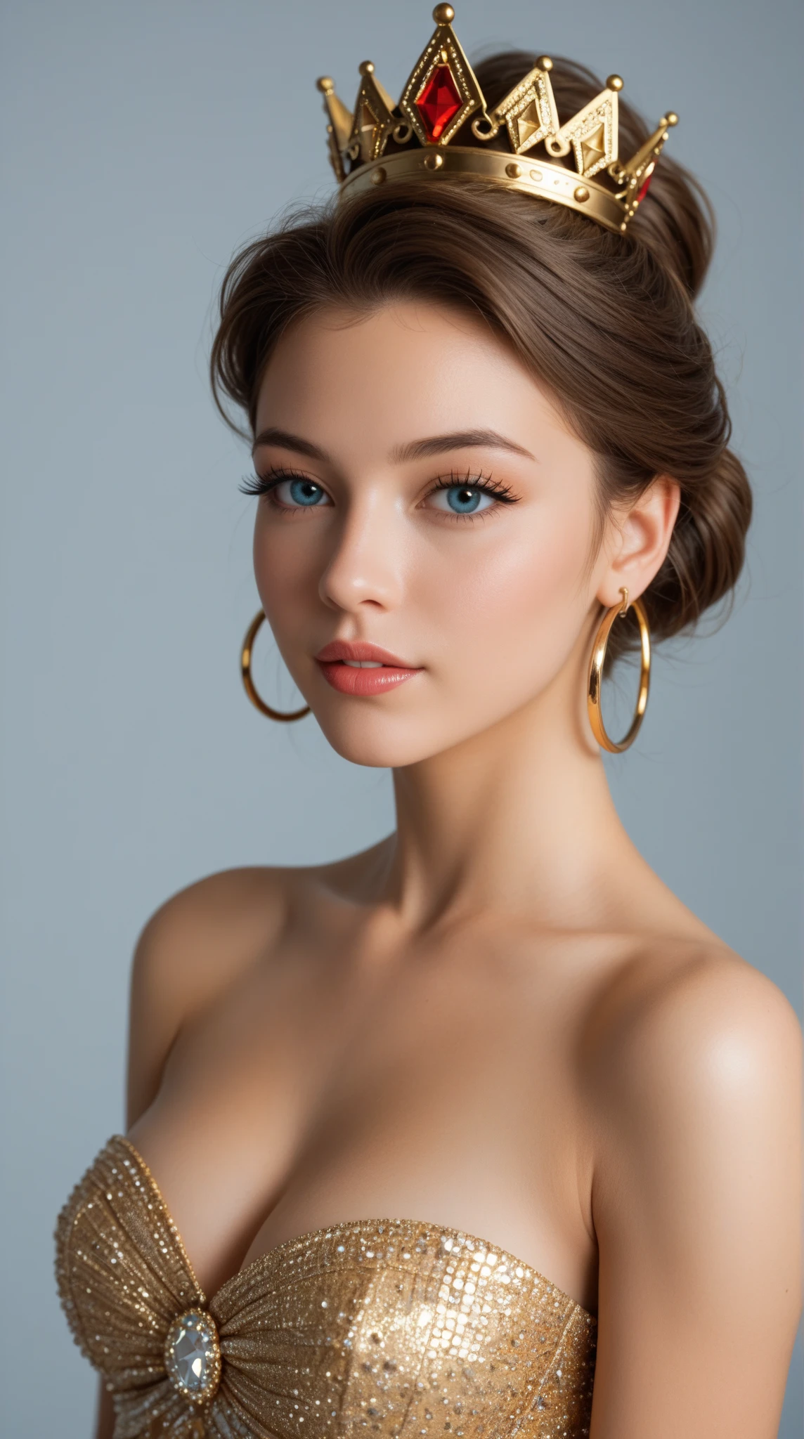 create an 18-year-old girl with the most beautiful delicate face possible, innocent, 34C breasts, Nude, small gold hoop earrings,