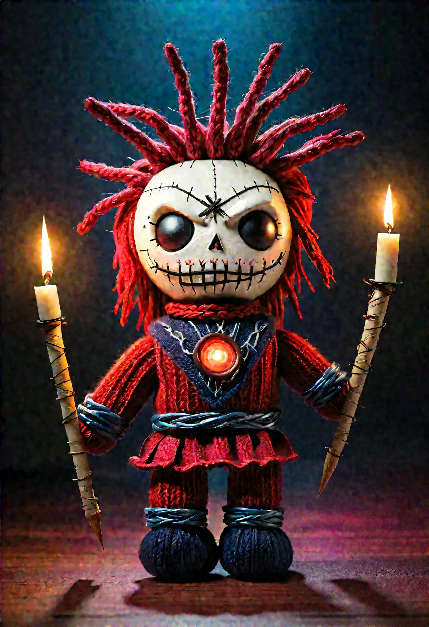(knitted toy voodoo doll:1.9), (Voodoo Pinhead:1.3), Tim Burton style, Alice in Wonderland, Accurate, Dark, with a handmade premium look, (Clothing: leather outfit with glowing pain symbols:1.0), (Accessories: enchanted puzzle box emitting sparks of torment magic, levitating spectral chains:1.1), (background: dark labyrinth with floating spikes, glowing portals, and spectral cenobites:1.2), best quality, masterpiece, detailed soft oil painting, detailed background, dramatic cinematic lighting, soft edge lighting, professional, dramatic lighting, hard edge lighting, ultra quality, 4k,masterpiece, best quality,