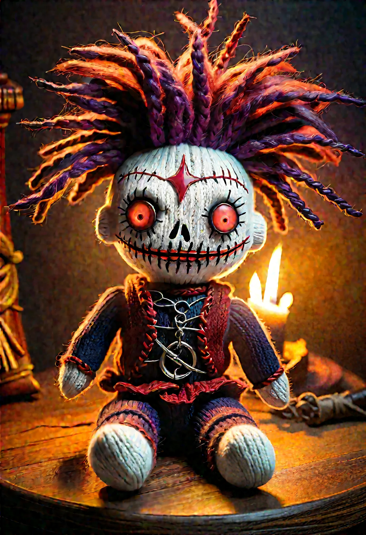 (knitted toy voodoo doll:1.9), (Voodoo Pinhead:1.3), Tim Burton style, Alice in Wonderland, Accurate, Dark, with a handmade premium look, (Clothing: leather outfit with glowing pain symbols:1.0), (Accessories: enchanted puzzle box emitting sparks of torment magic, levitating spectral chains:1.1), (background: dark labyrinth with floating spikes, glowing portals, and spectral cenobites:1.2), best quality, masterpiece, detailed soft oil painting, detailed background, dramatic cinematic lighting, soft edge lighting, professional, dramatic lighting, hard edge lighting, ultra quality, 4k,masterpiece, best quality, 
