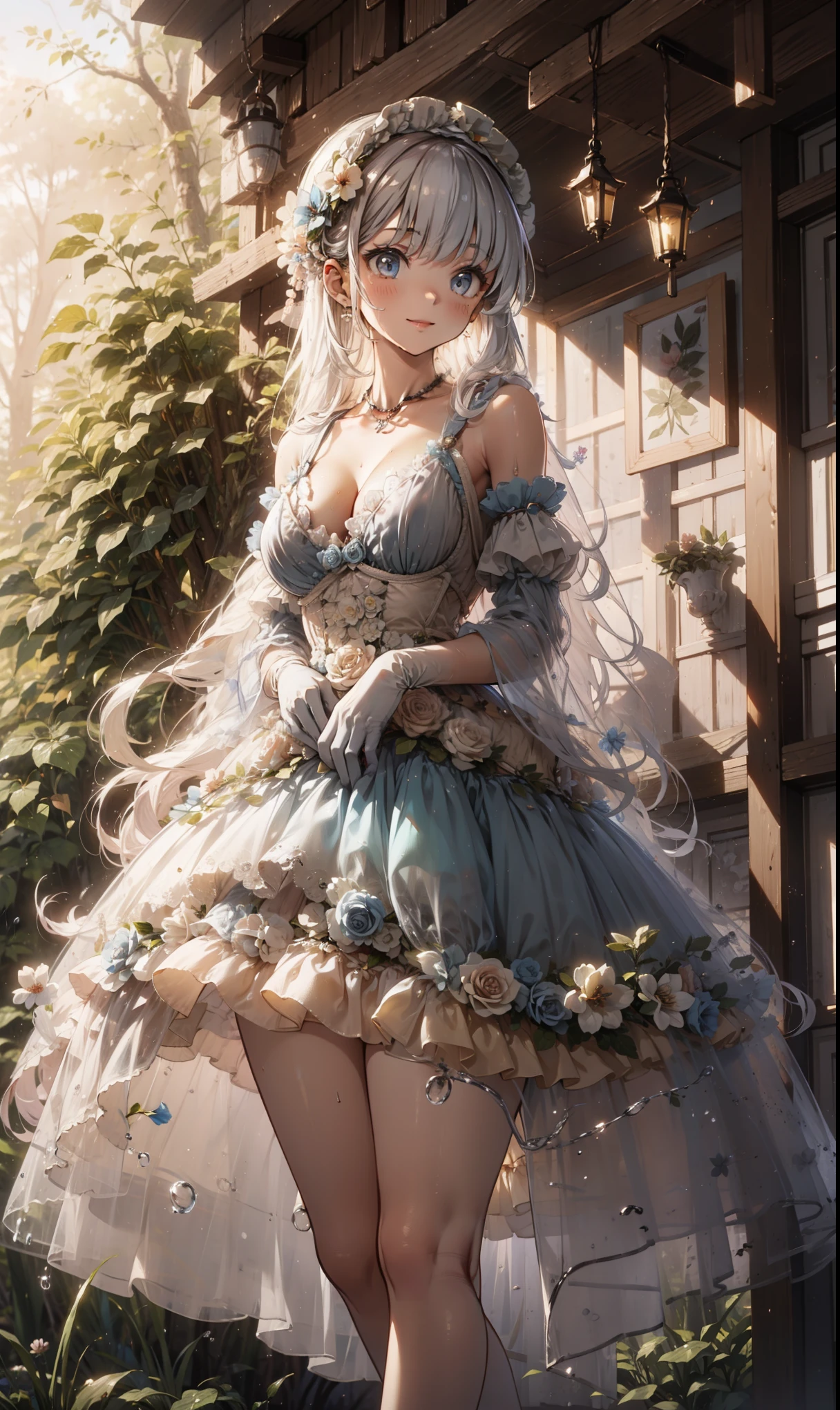 masterpiece, Best Quality , Super Detailed in the Wet Forest , illustration, 极其精致 Beautiful , 1 Girl, unique , seductive posture,flower,( Beautiful ,Large target_breast),Chuckling,ta_skirt,nature,flower园, Clear Fabric ,Lace,Puff sleeves,Detailed stripes and embellishments,Long gloves,