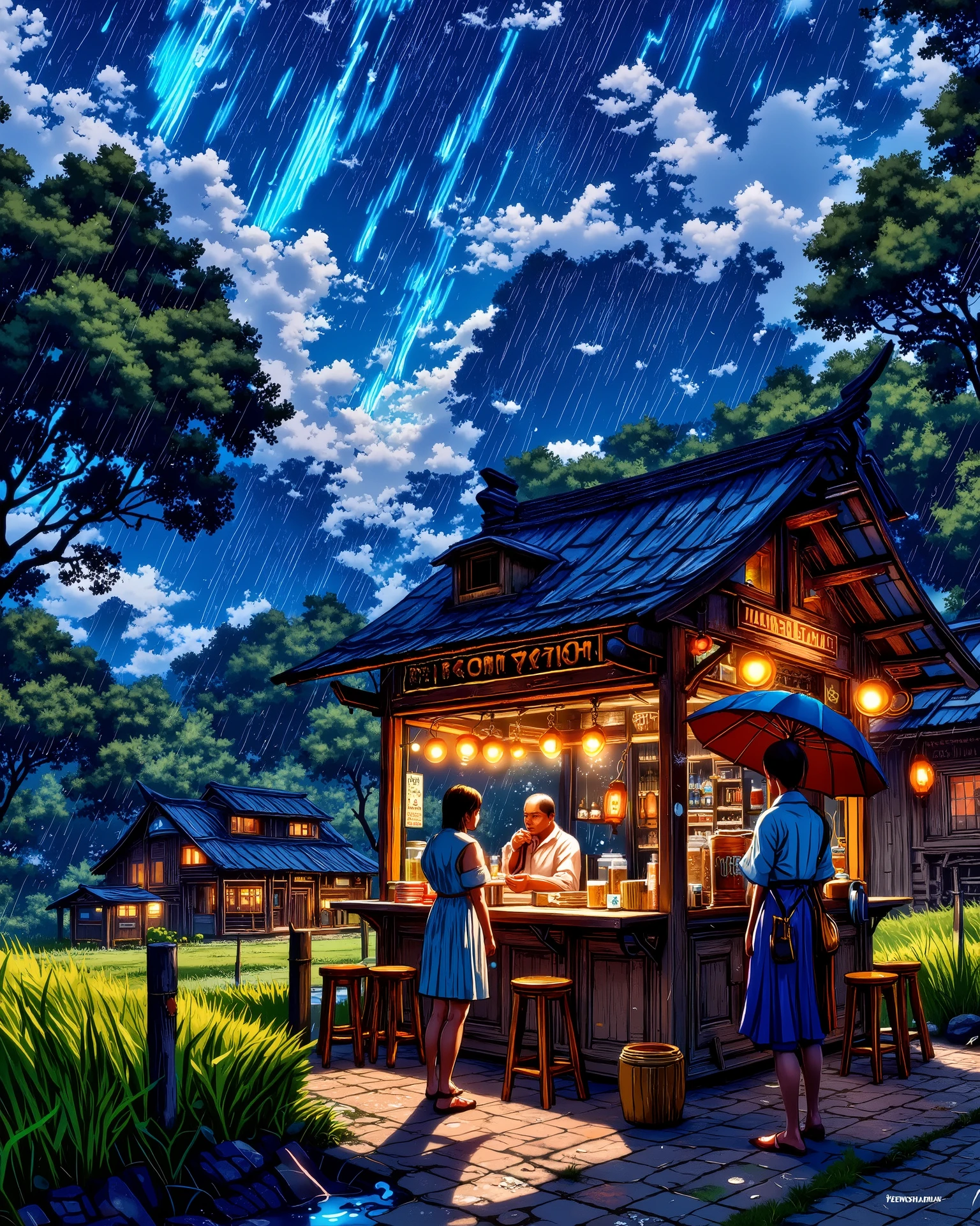 an illustration of a rainy evening scene in a rural Asian village.
Details:
Setting:
A small wooden stall with a thatched roof, illuminated by warm lanterns, stands in front of a rice field. In the background, there are traditional houses and lush green hills.
Weather:
It is raining, with visible raindrops falling from a dark, cloudy sky.
Characters:
A man and woman are standing at the stall. The man, wearing a white shirt, is behind the counter. The woman, wearing a blue dress, is holding an umbrella and a drink.
Mood:
The scene conveys a feeling of intimacy and nostalgia, with the warm glow of the lanterns contrasting with the cool tones of the rain and the night.