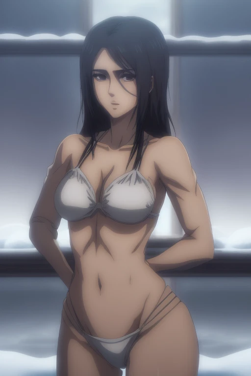 deslumbrante, armpits, detalles intrincados, 1girl, Mikasa Ackerman, (cabello negro:1.3), pelo entre los ojos, pelo corto, patillas, labios, cerrar, solamente, labios, Obra maestra, La mejor calidad, , bathing, barriga, pezon, ojos negros, , black eyes, muscle, medium breasts, sonrisa